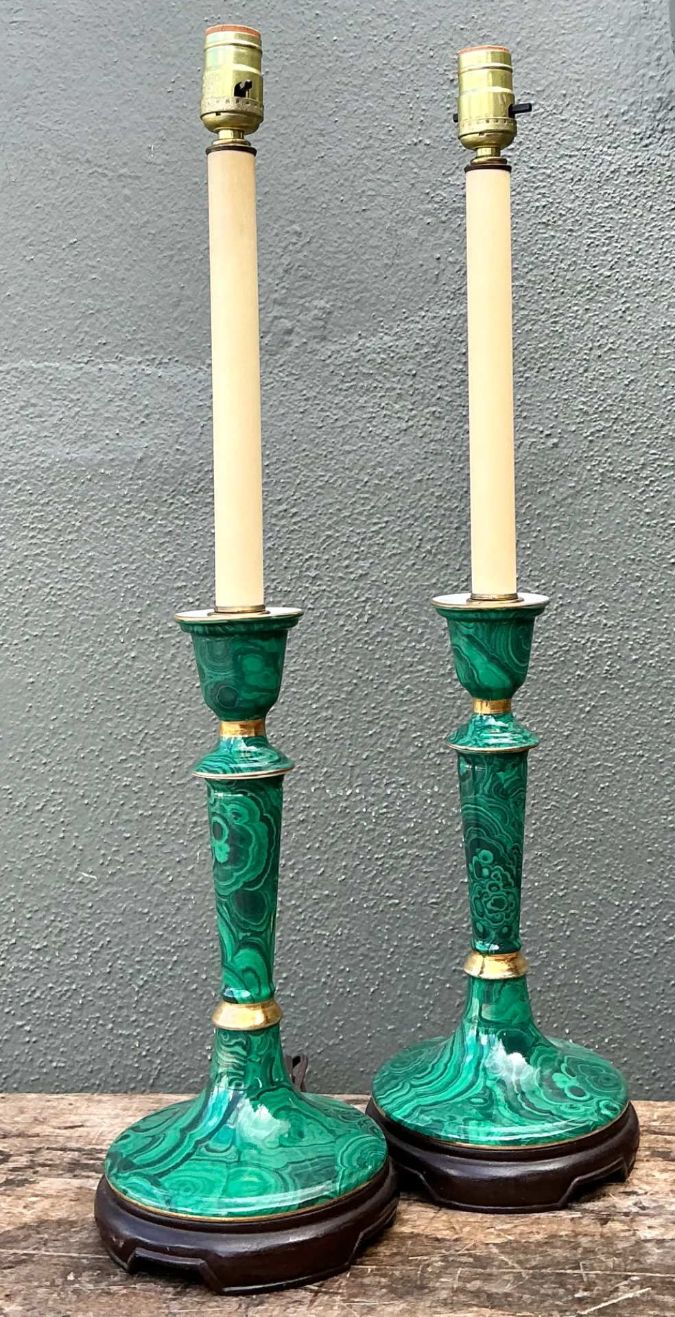 Vintage Green Lacquered Candlestick Table Lamps - Pair — additional photo 1