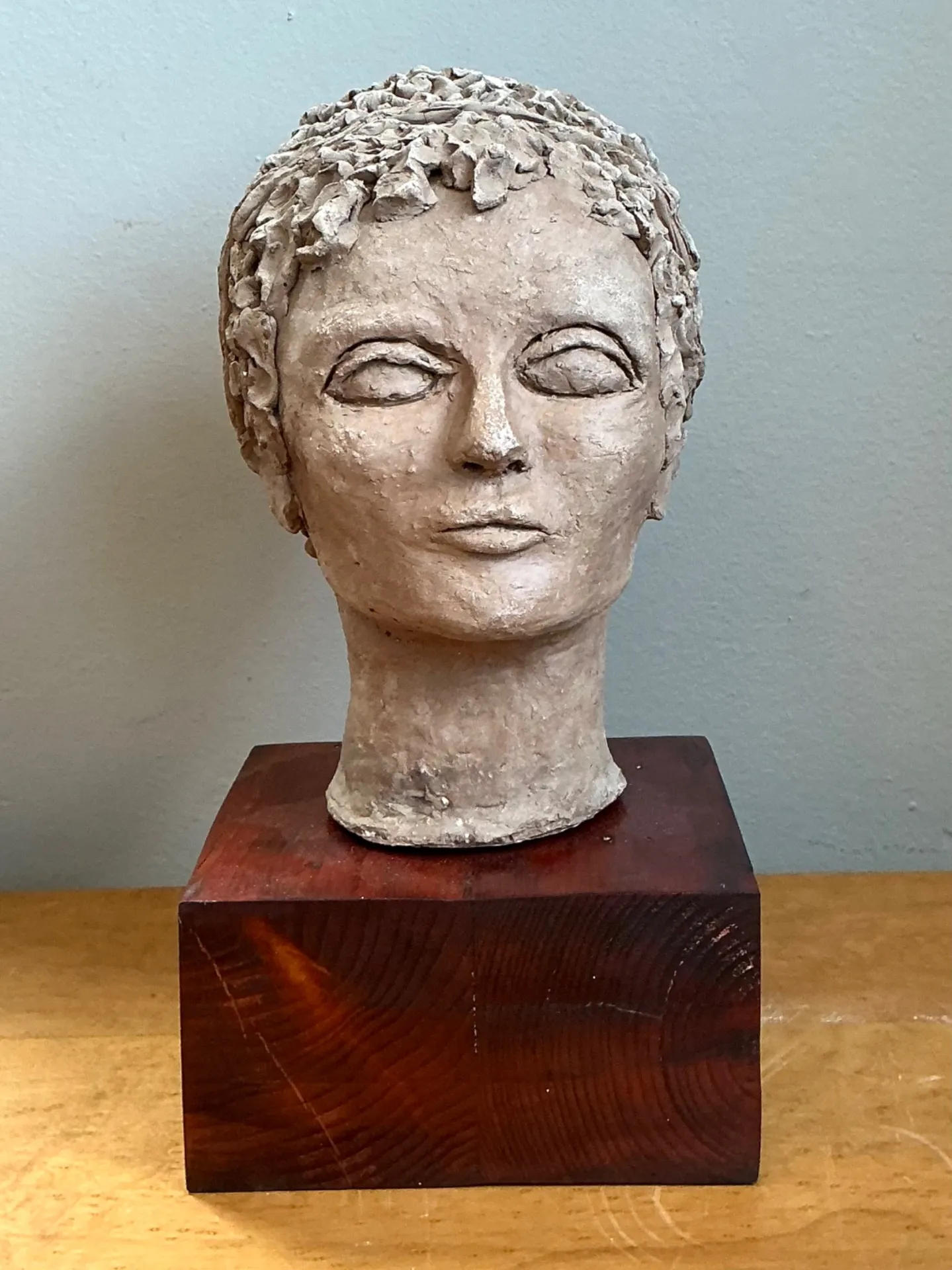 Vintage Plaster Head Sculpture on Wood Base - Plaster, 7W x 13.25H — additional photo 4