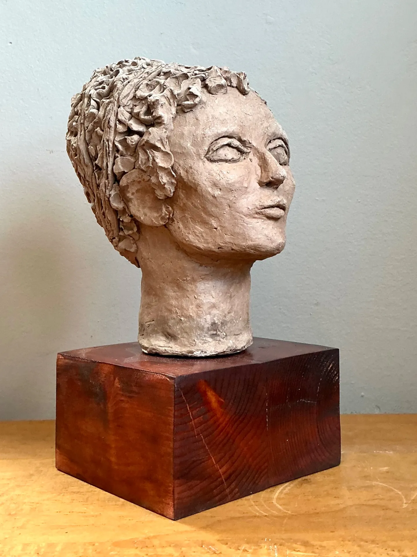 Vintage Plaster Head Sculpture on Wood Base - Plaster, 7W x 13.25H — additional photo 2