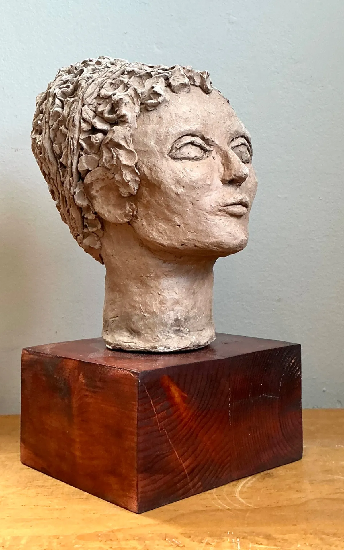 Vintage Plaster Head Sculpture on Wood Base - Plaster, 7W x 13.25H — additional photo 2