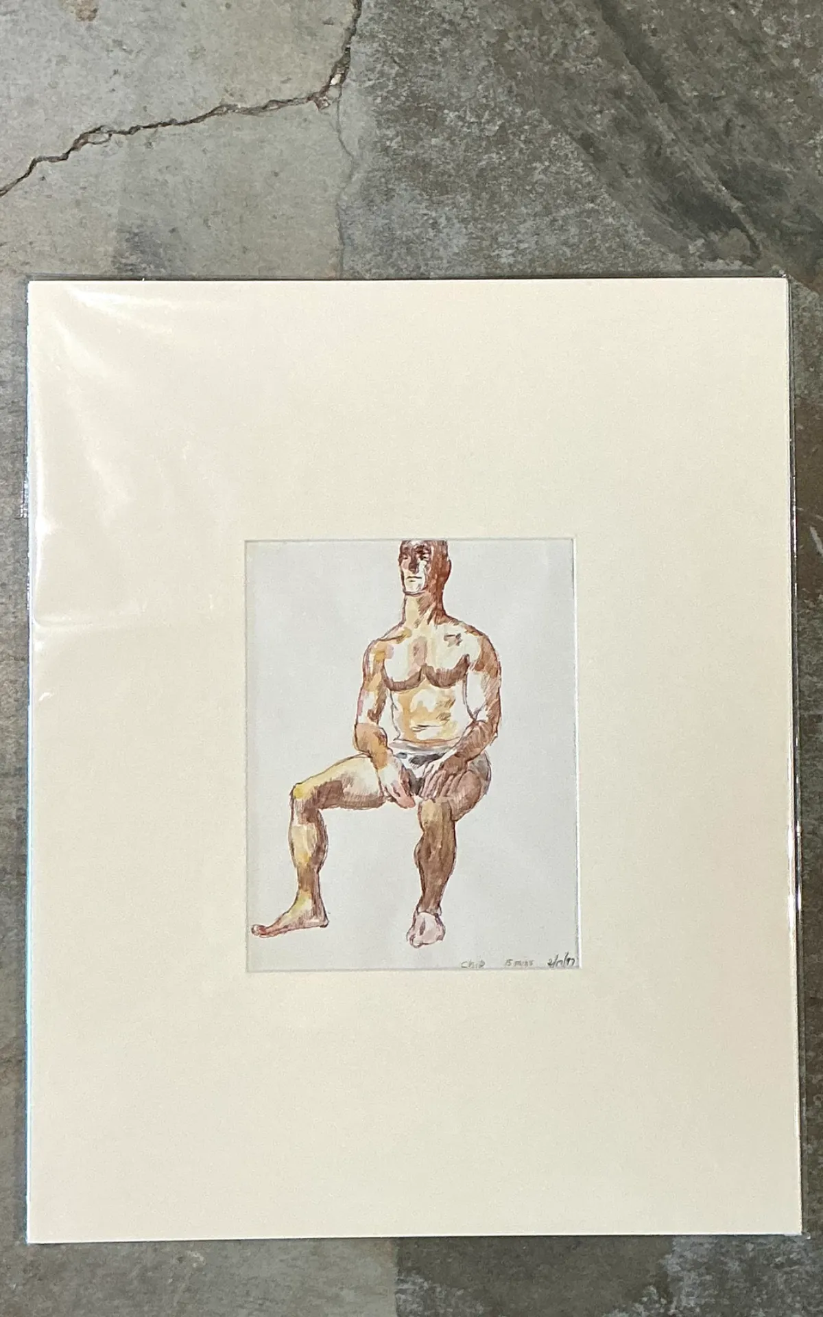 Vintage Original Figurative Watercolor In Mat