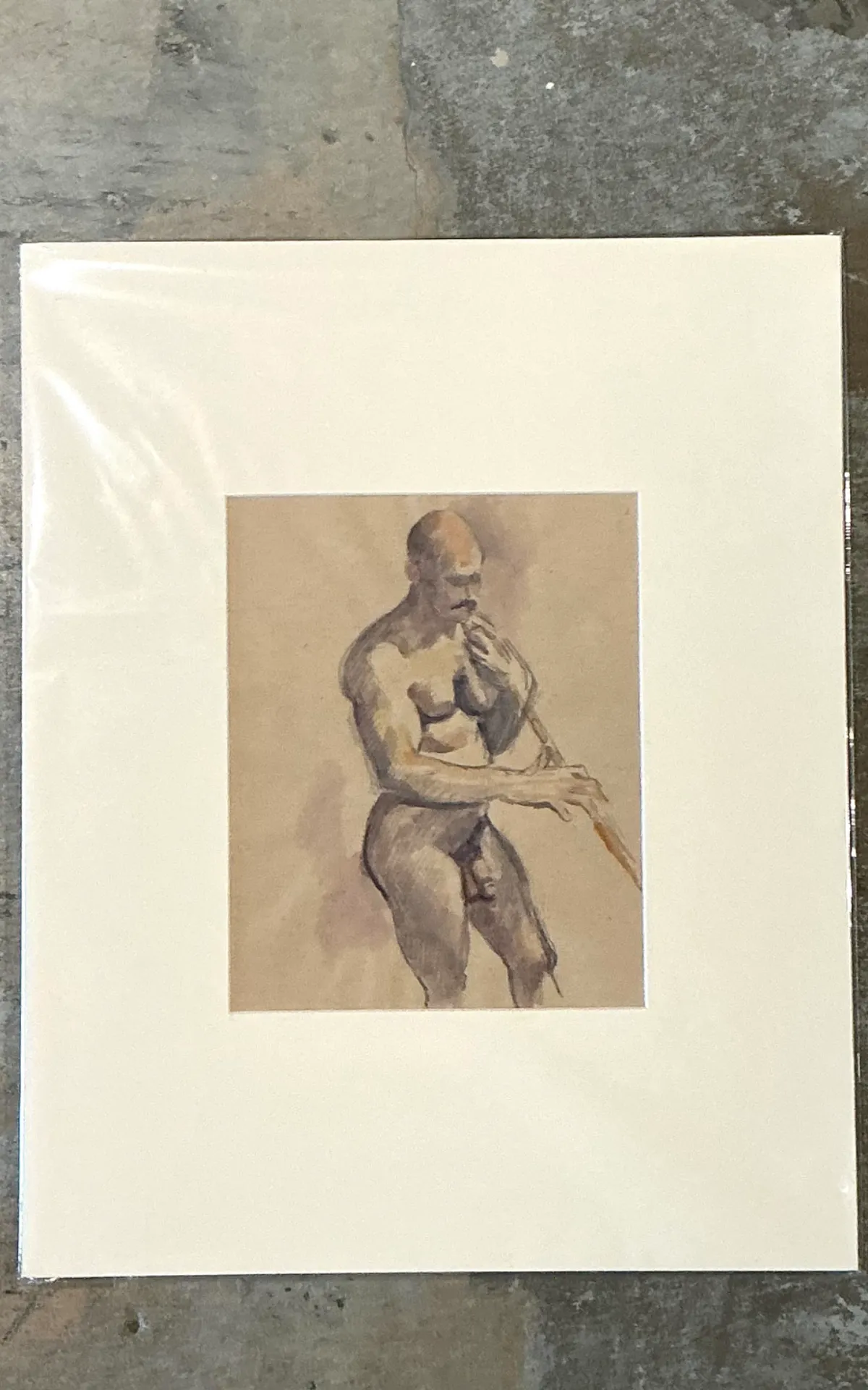 Vintage Original Figurative Watercolor In Mat — additional photo 2