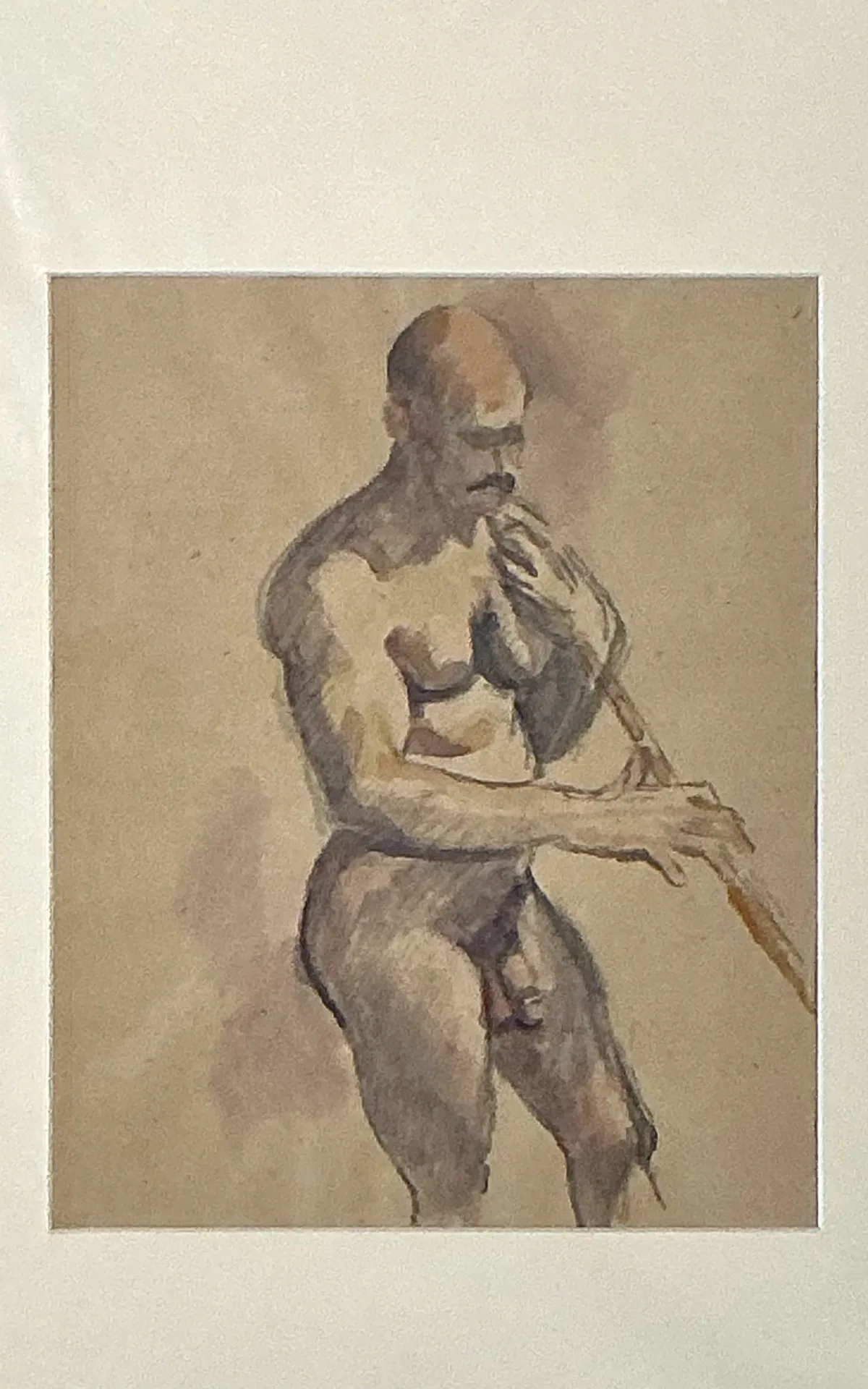 Vintage Original Figurative Watercolor In Mat