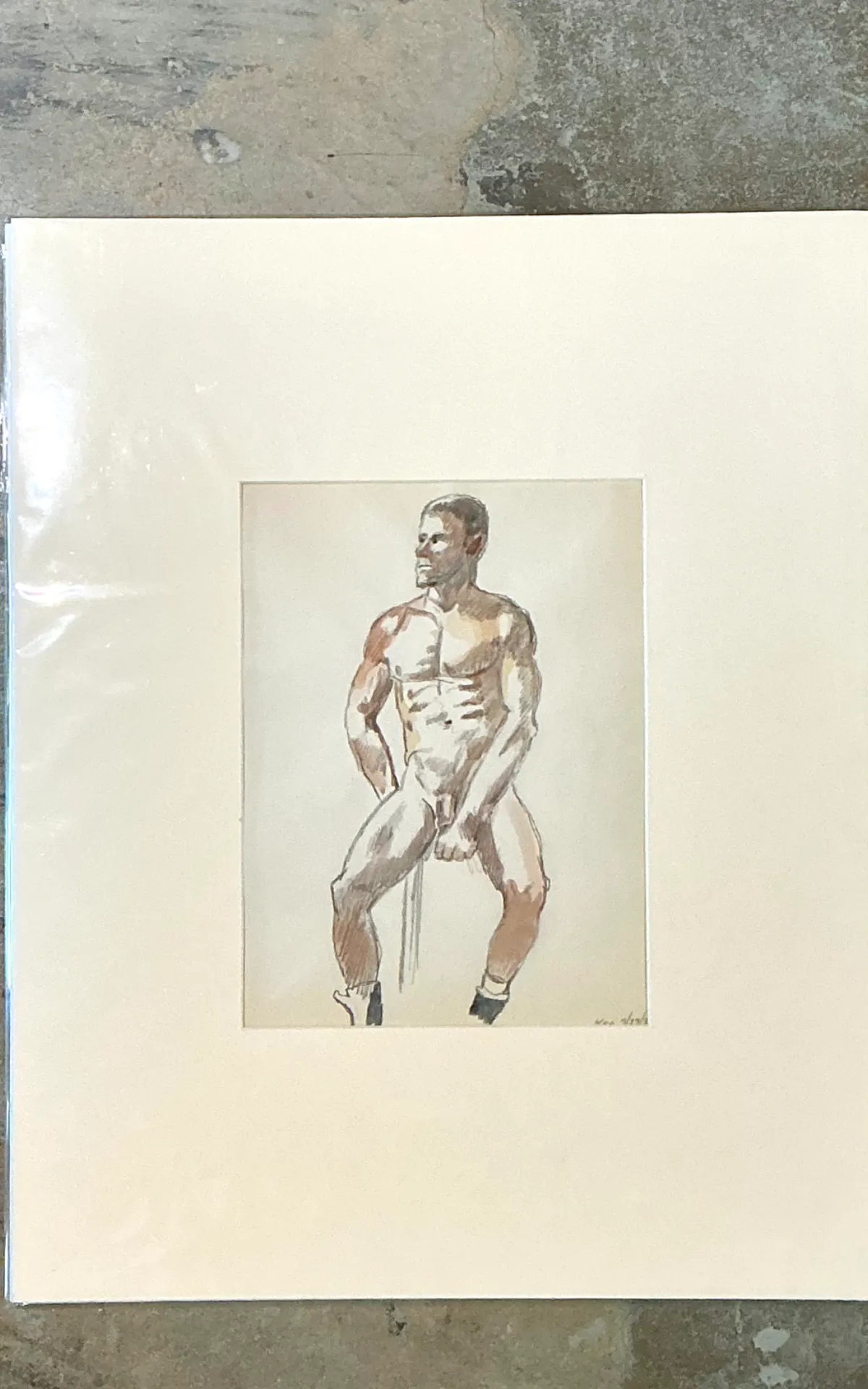 Vintage Original Figurative Watercolor In Mat — additional photo 6