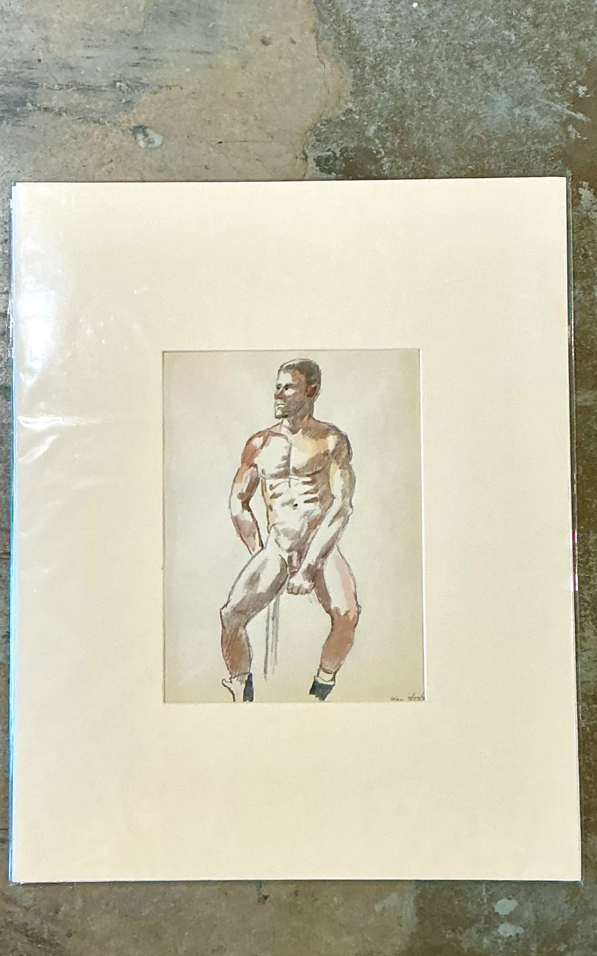 Vintage Original Figurative Watercolor In Mat — additional photo 2
