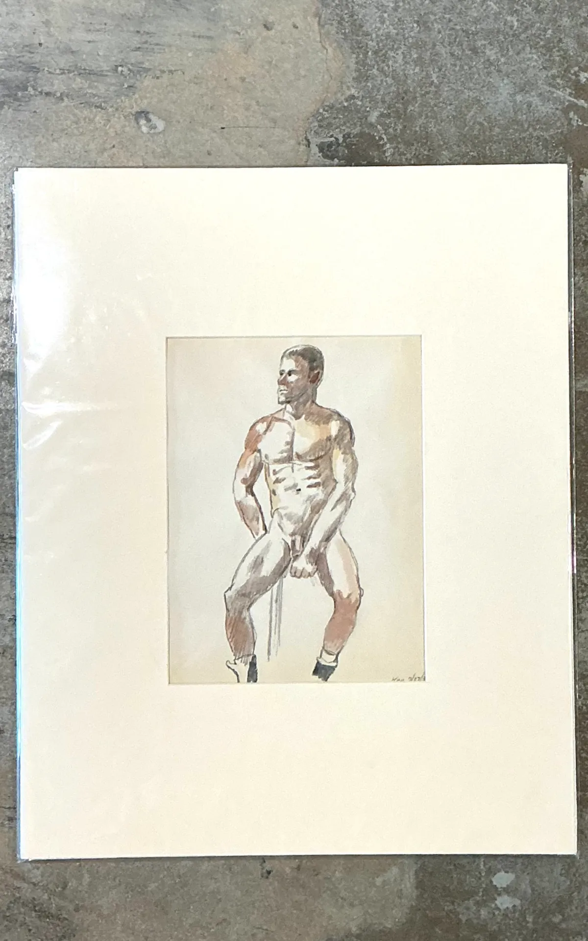 Vintage Original Figurative Watercolor In Mat — additional photo 3
