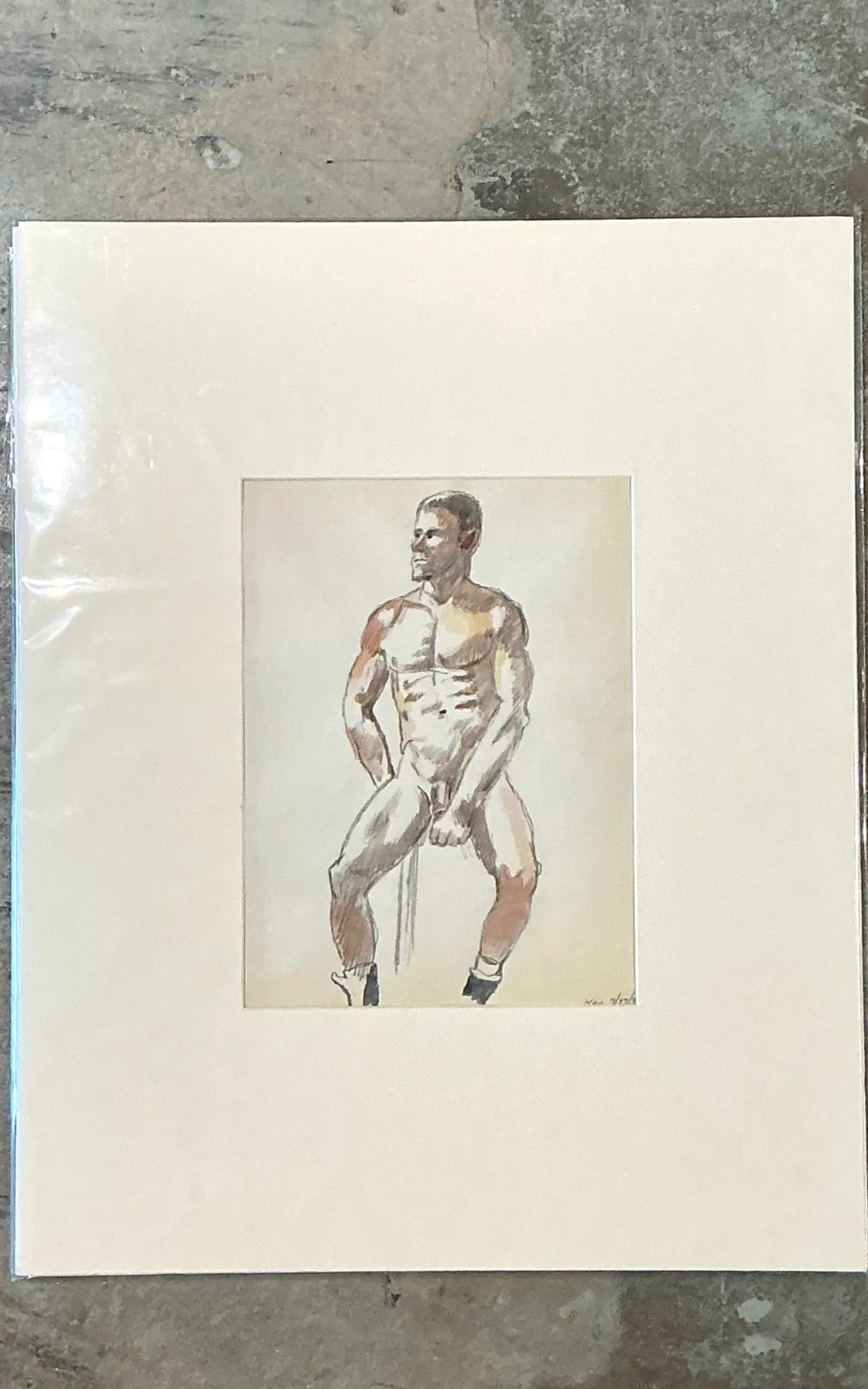 Vintage Original Figurative Watercolor In Mat — additional photo 5