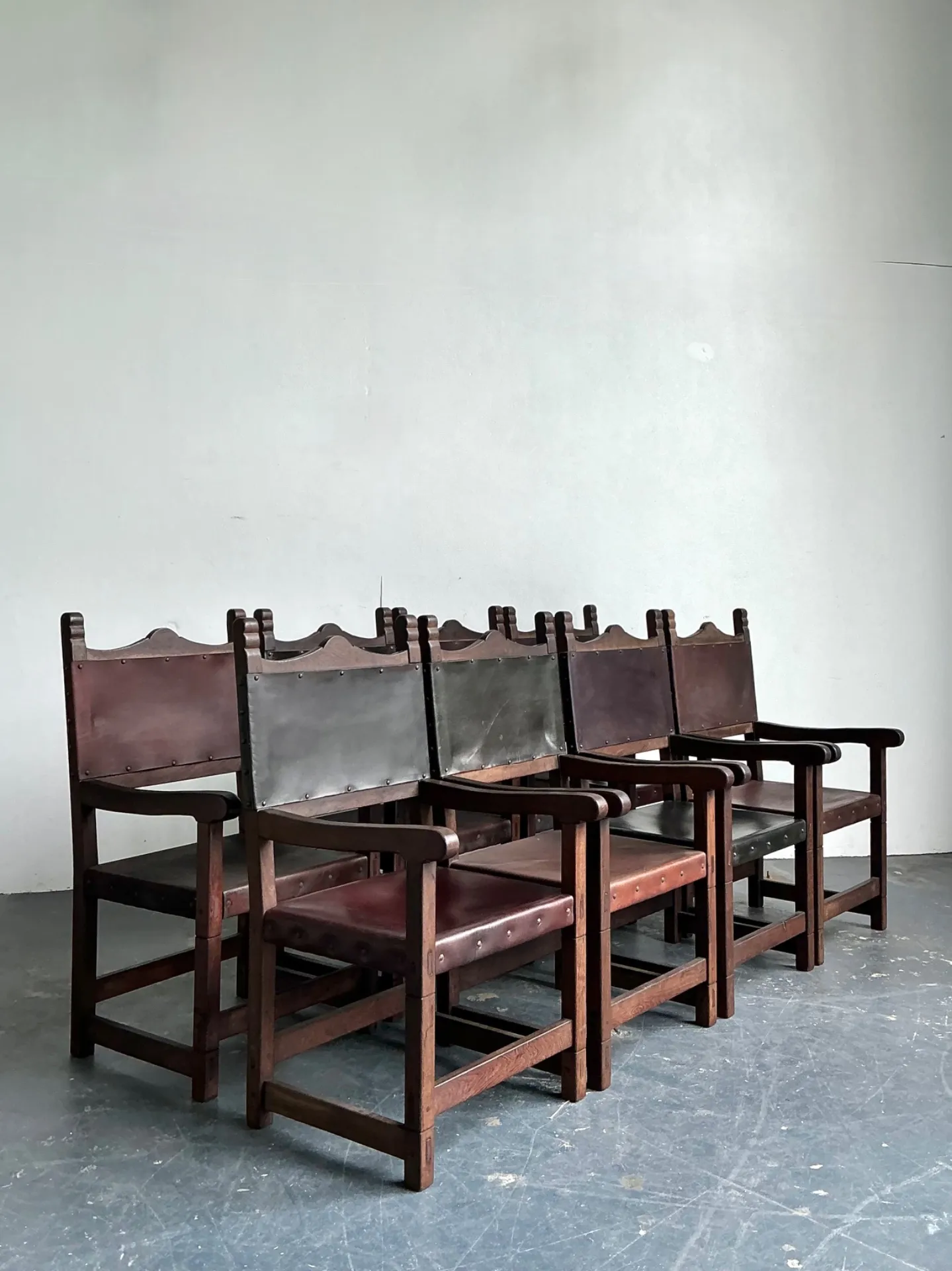 Vintage Spanish Leather and Wood Armchairs - Set of 6 — additional photo 4