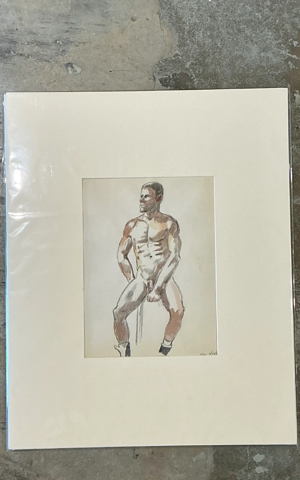 Vintage Original Figurative Watercolor In Mat