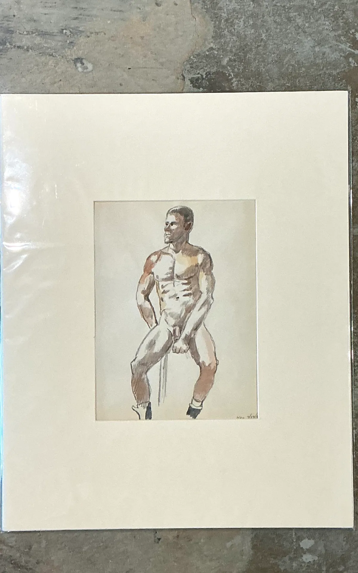 Vintage Original Figurative Watercolor In Mat — additional photo 4