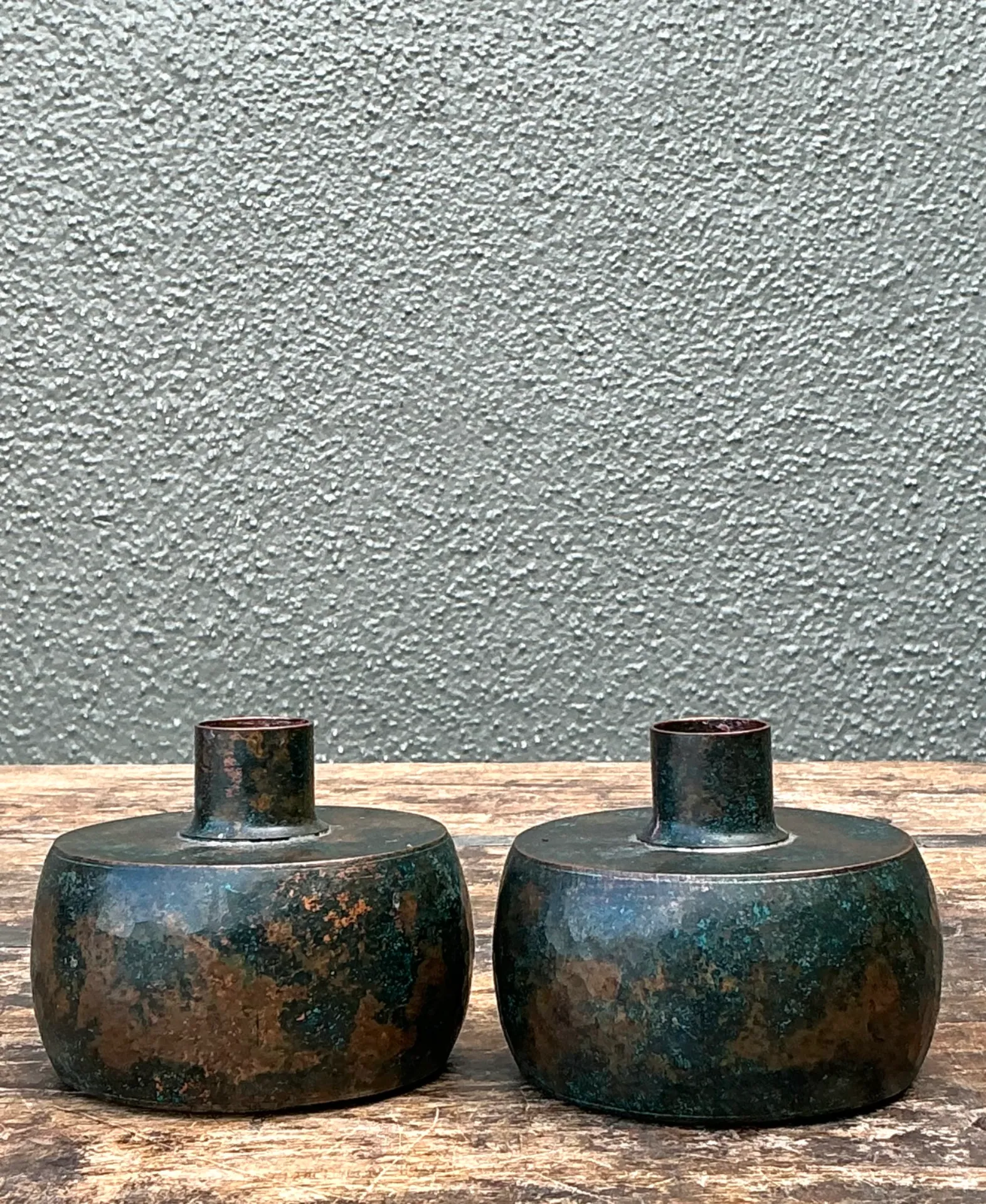 Vintage Patinated Metal Vases - Pair — additional photo 1