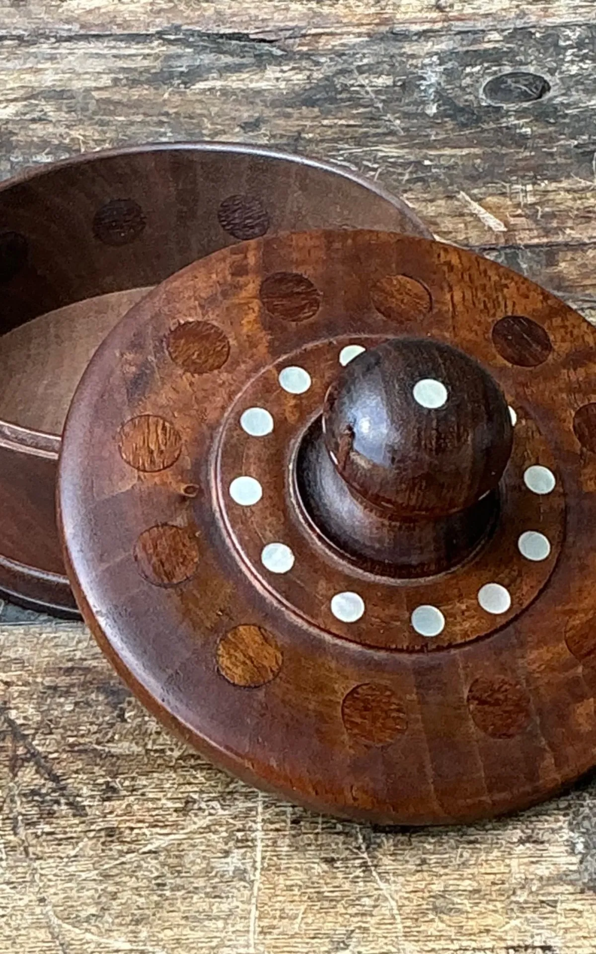 Vintage Round Wood Inlay Trinket Box