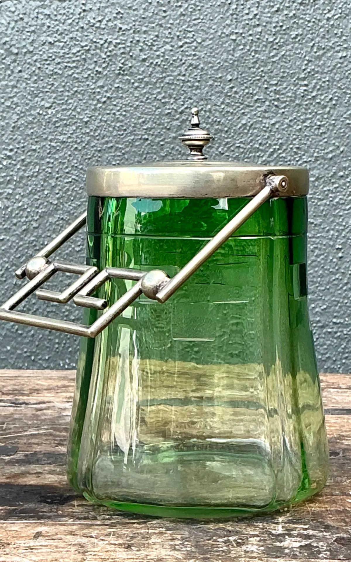 Vintage Green Glass and Metal Ice Bucket