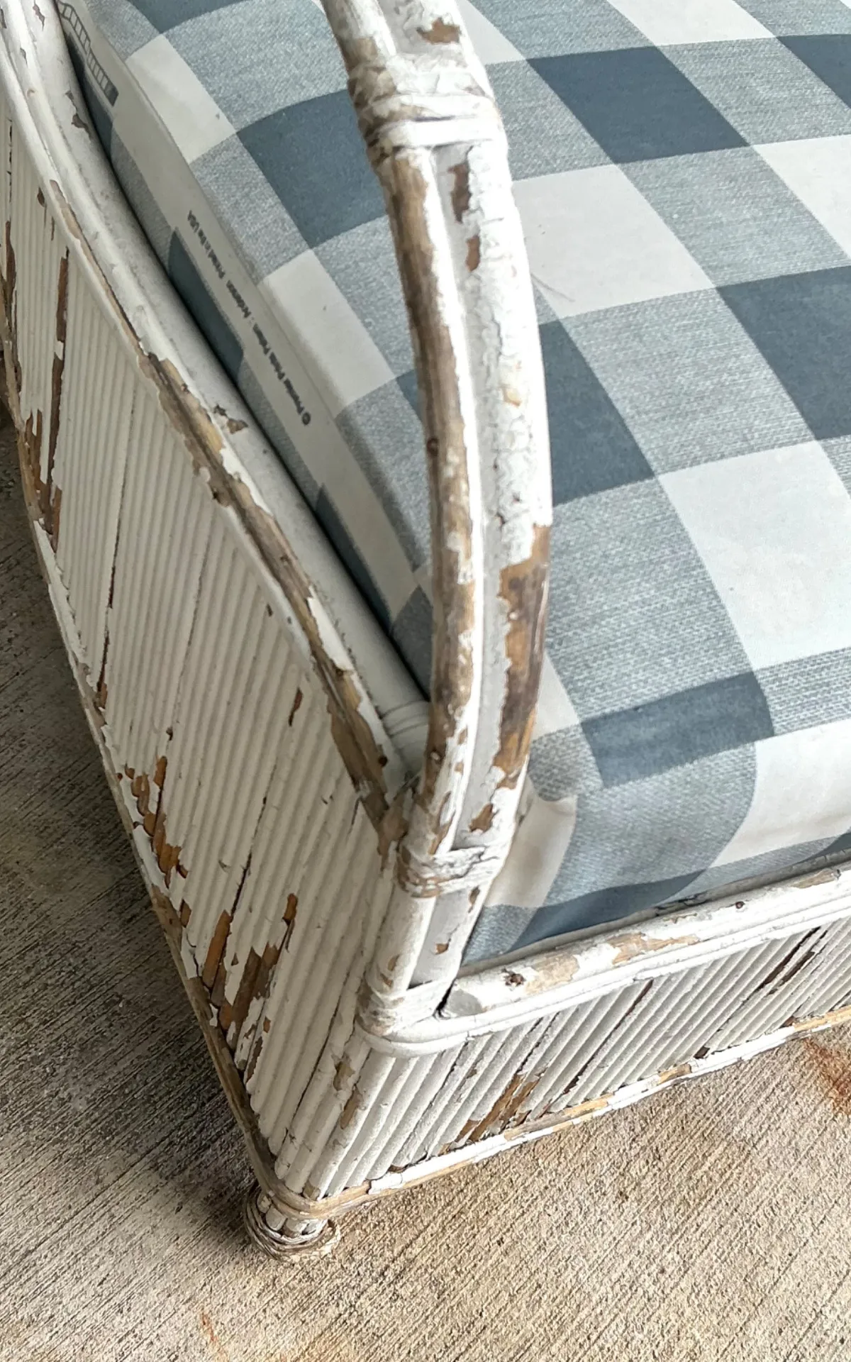 Vintage Distressed White Rattan and Checkered Sofa