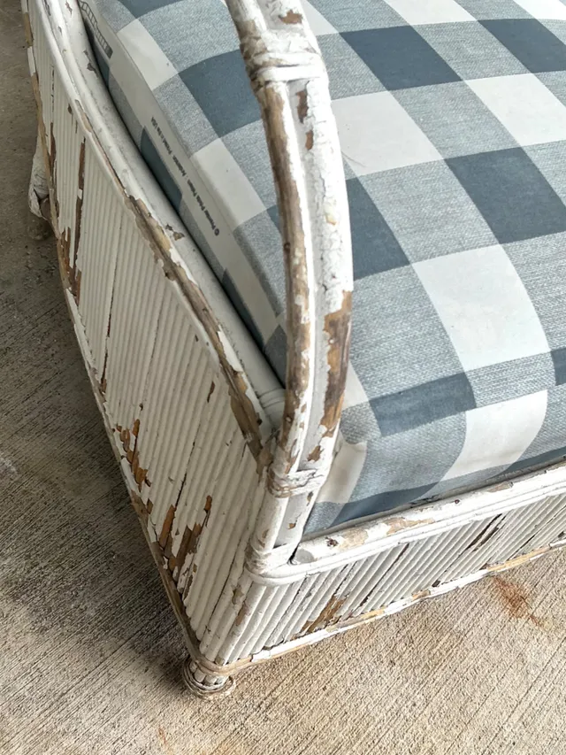 Vintage Distressed White Rattan and Checkered Sofa — additional photo 1