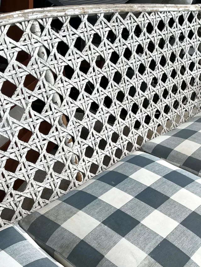 Vintage Distressed White Rattan and Checkered Sofa — additional photo 3