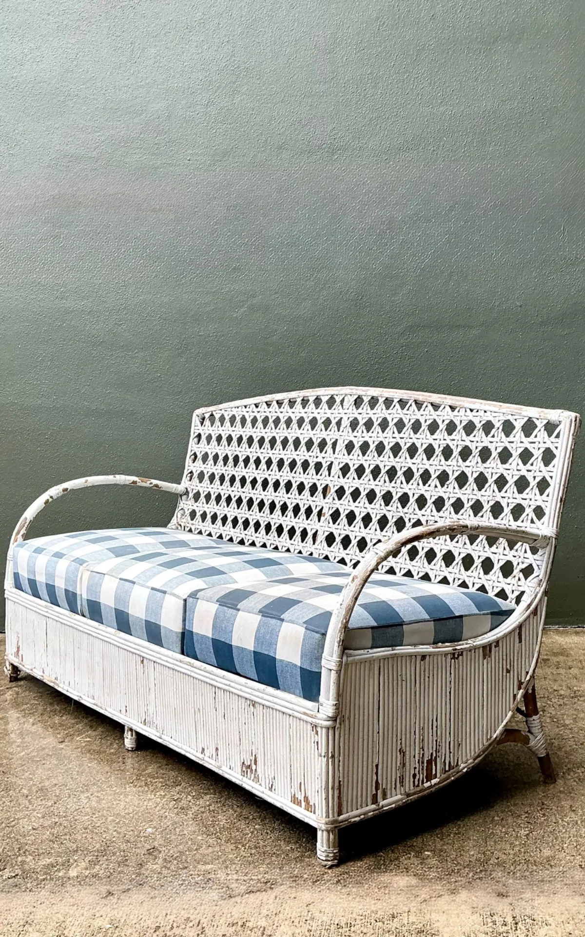 Vintage Distressed White Rattan and Checkered Sofa — additional photo 6