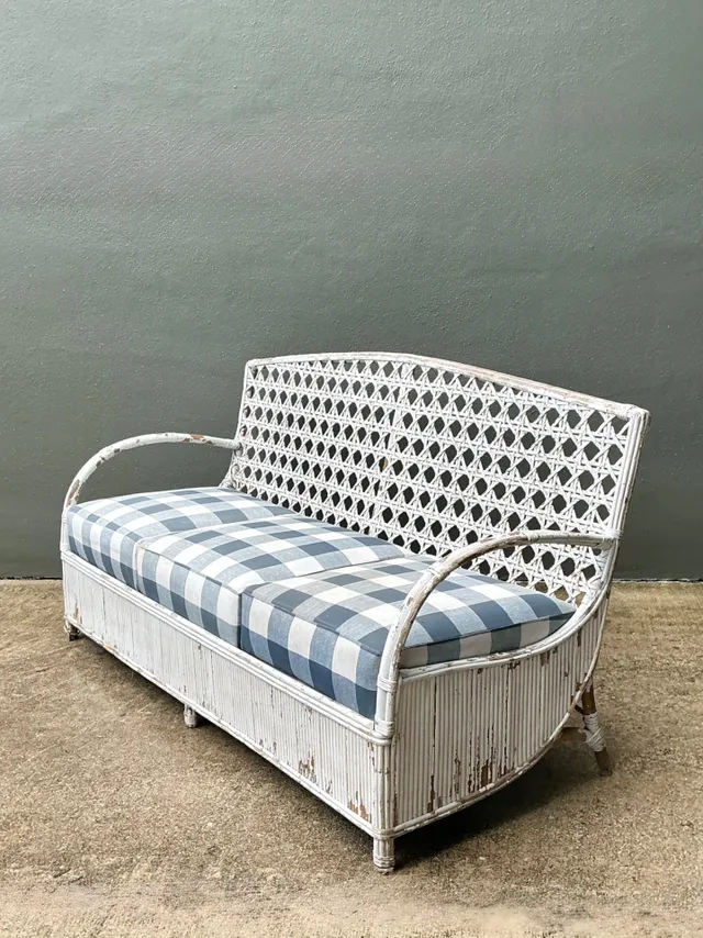 Vintage Distressed White Rattan and Checkered Sofa — additional photo 4