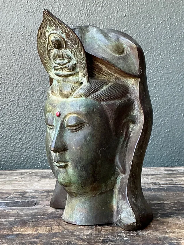 Vintage Patinated Bronze Buddha Head — additional photo 1