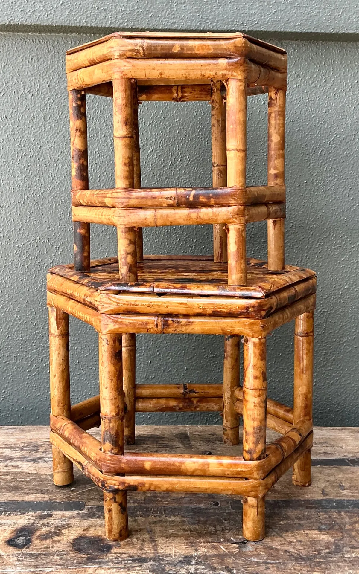 Vintage Hexagonal Bamboo Orchid Pedestals - Set Of 2