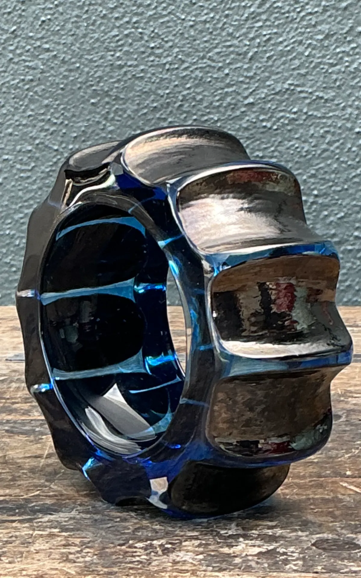 Vintage Blue Sculptural Art Glass Gear Sculpture — additional photo 3