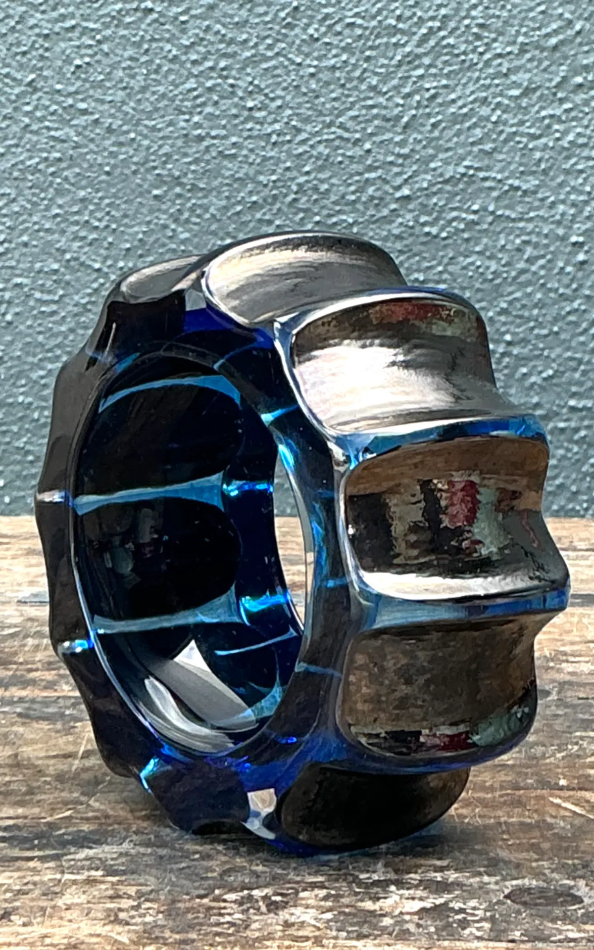 Vintage Blue Sculptural Art Glass Gear Sculpture — additional photo 1