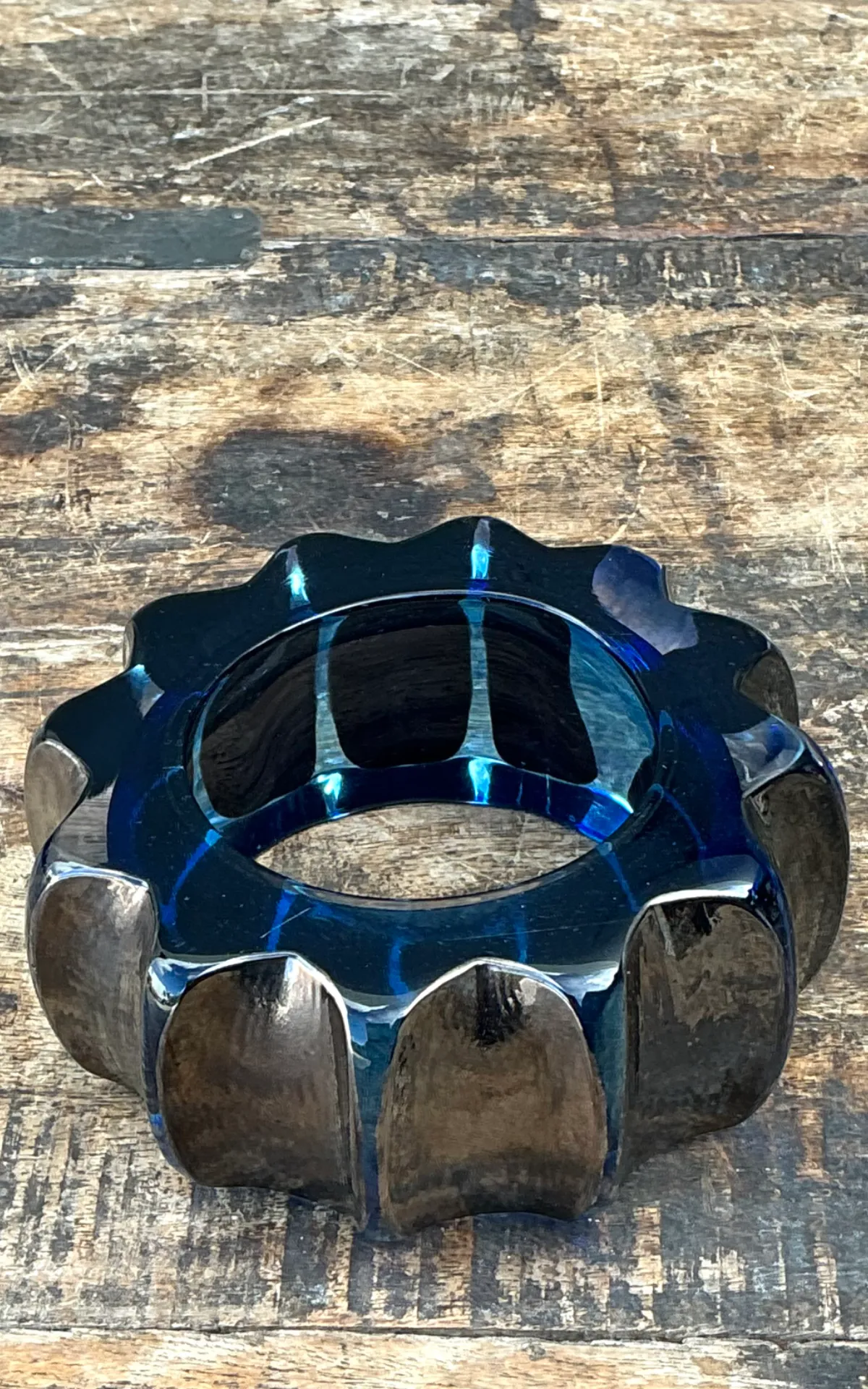 Vintage Blue Sculptural Art Glass Gear Sculpture — additional photo 7
