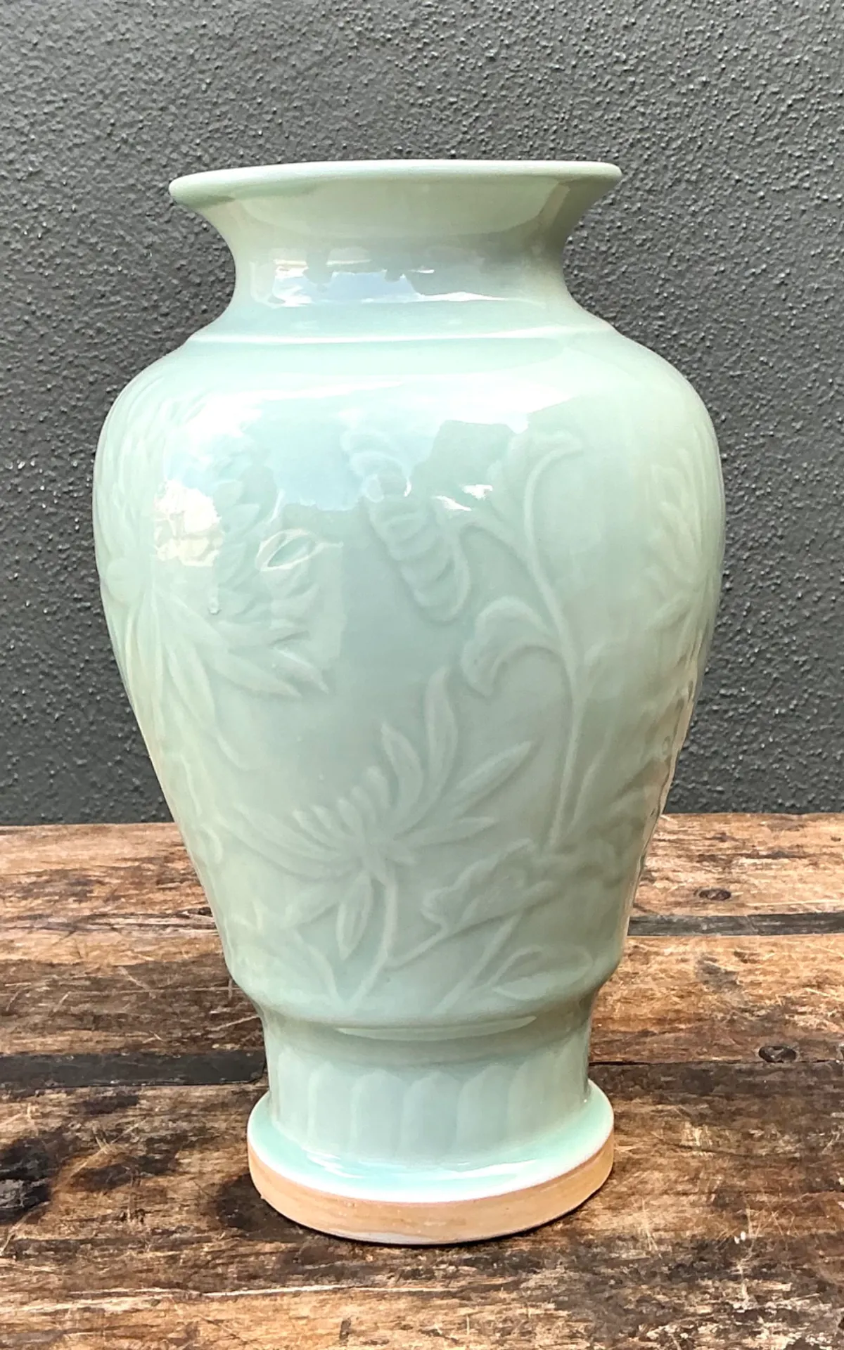 Vintage Celadon Floral Relief Ceramic Vase — additional photo 7