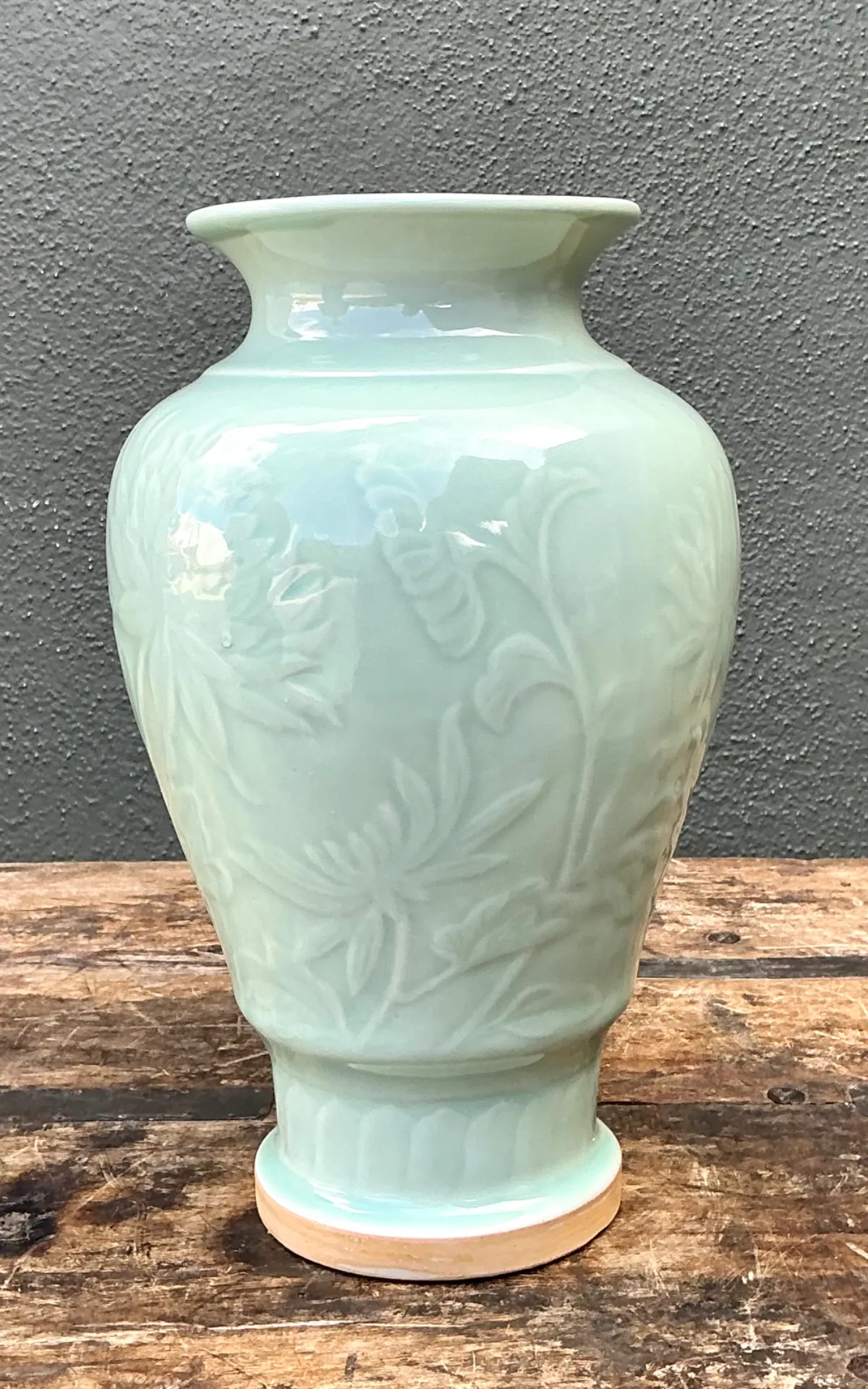Vintage Celadon Floral Relief Ceramic Vase — additional photo 6
