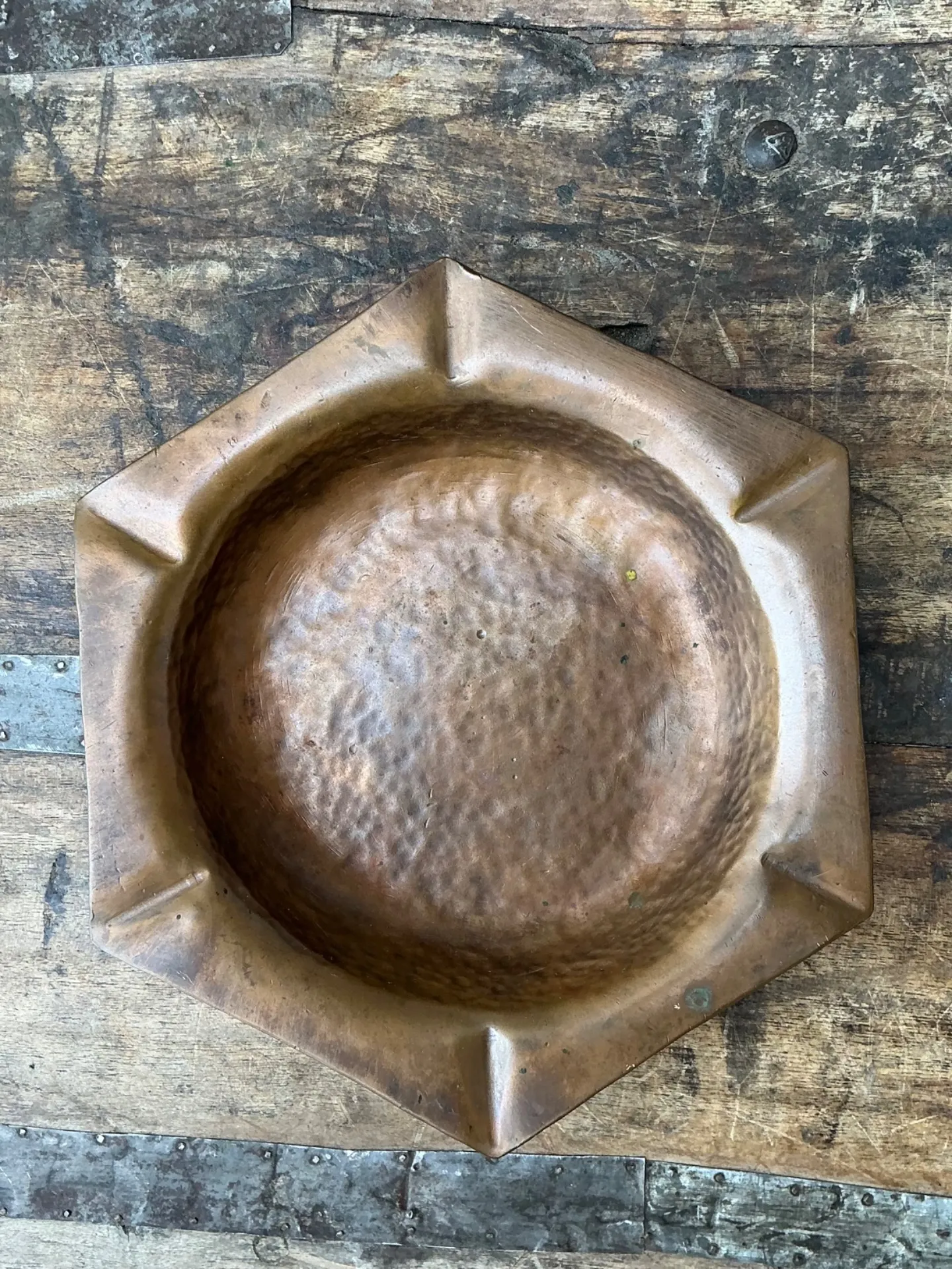 Vintage Hexagonal Hammered Copper Ashtray — additional photo 2