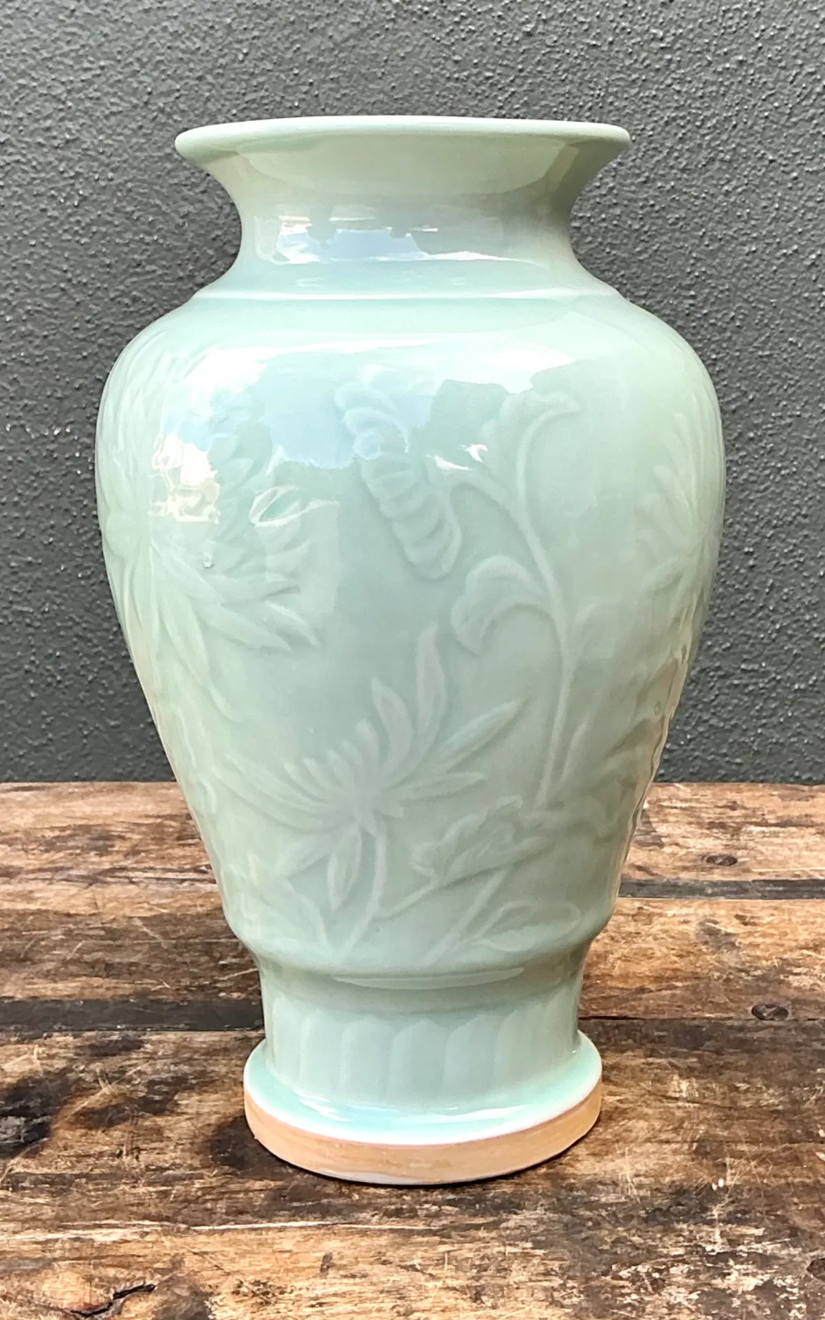 Vintage Celadon Floral Relief Ceramic Vase — additional photo 8