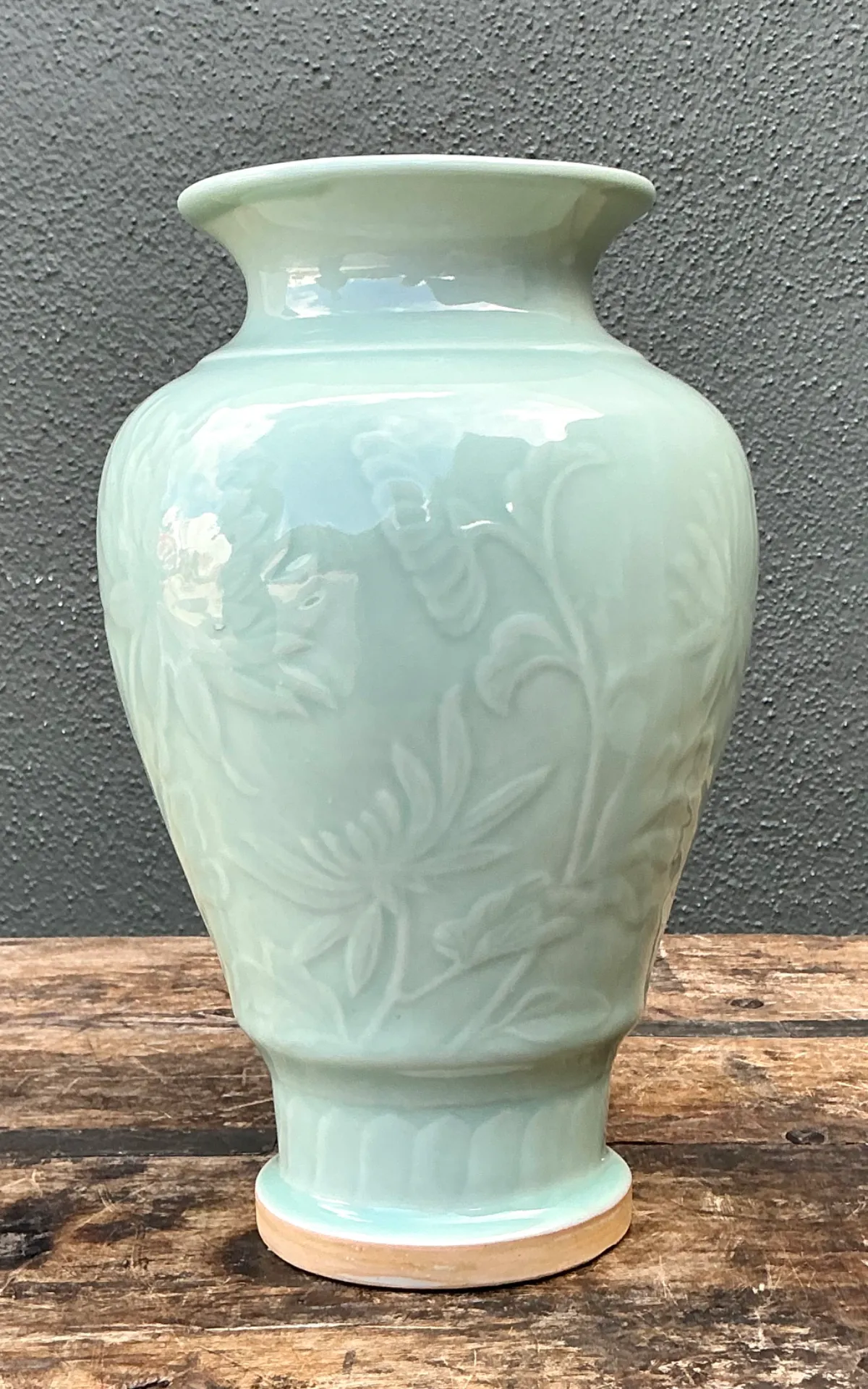 Vintage Celadon Floral Relief Ceramic Vase — additional photo 2