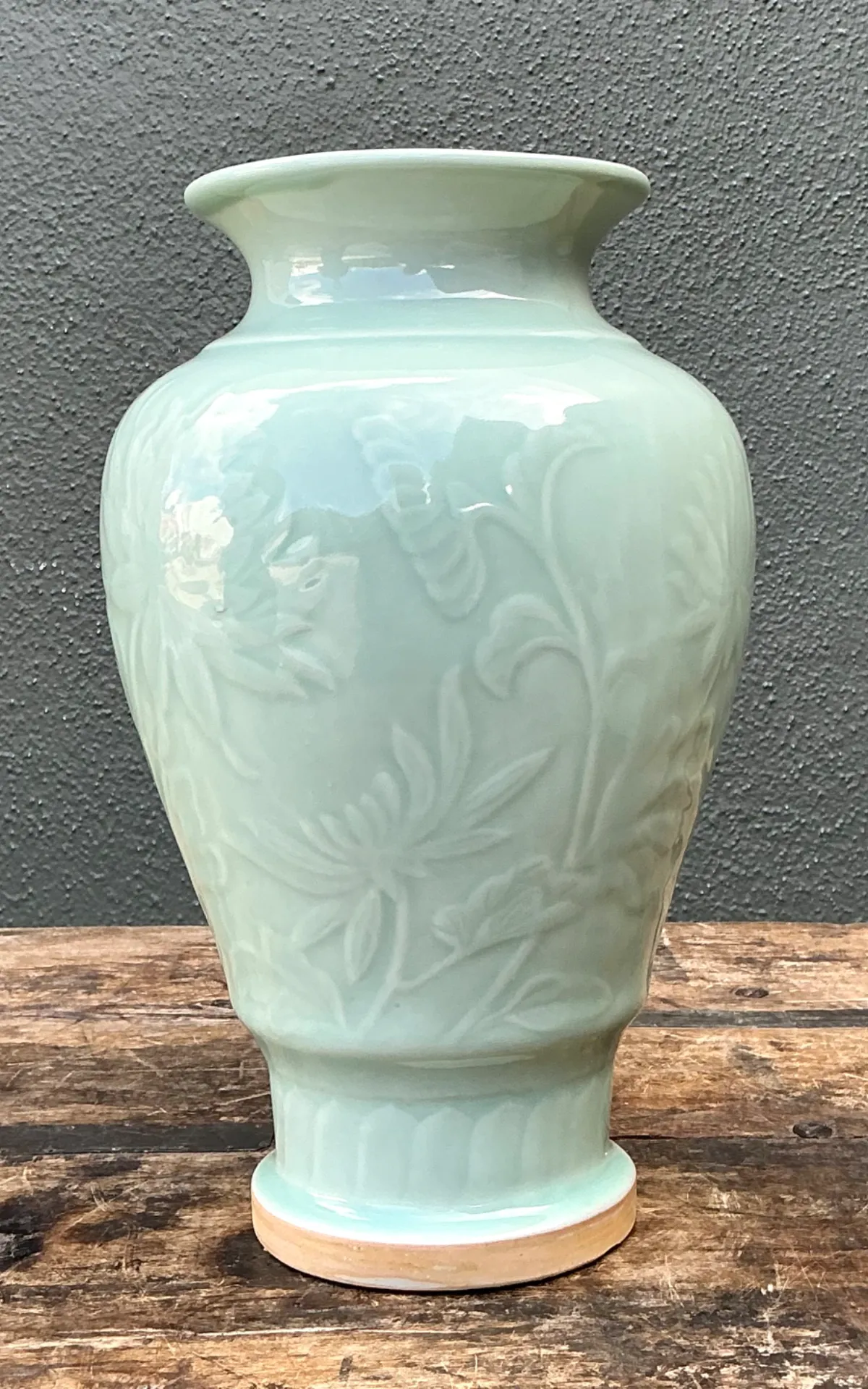 Vintage Celadon Floral Relief Ceramic Vase — additional photo 4