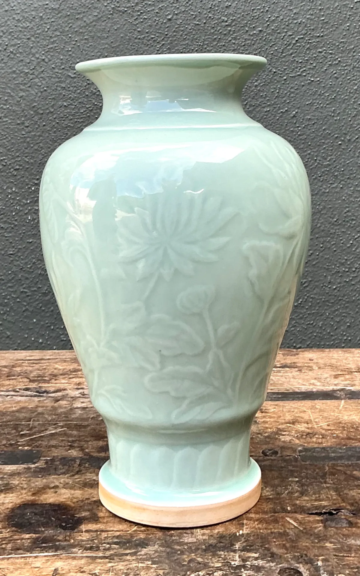 Vintage Celadon Floral Relief Ceramic Vase — additional photo 5