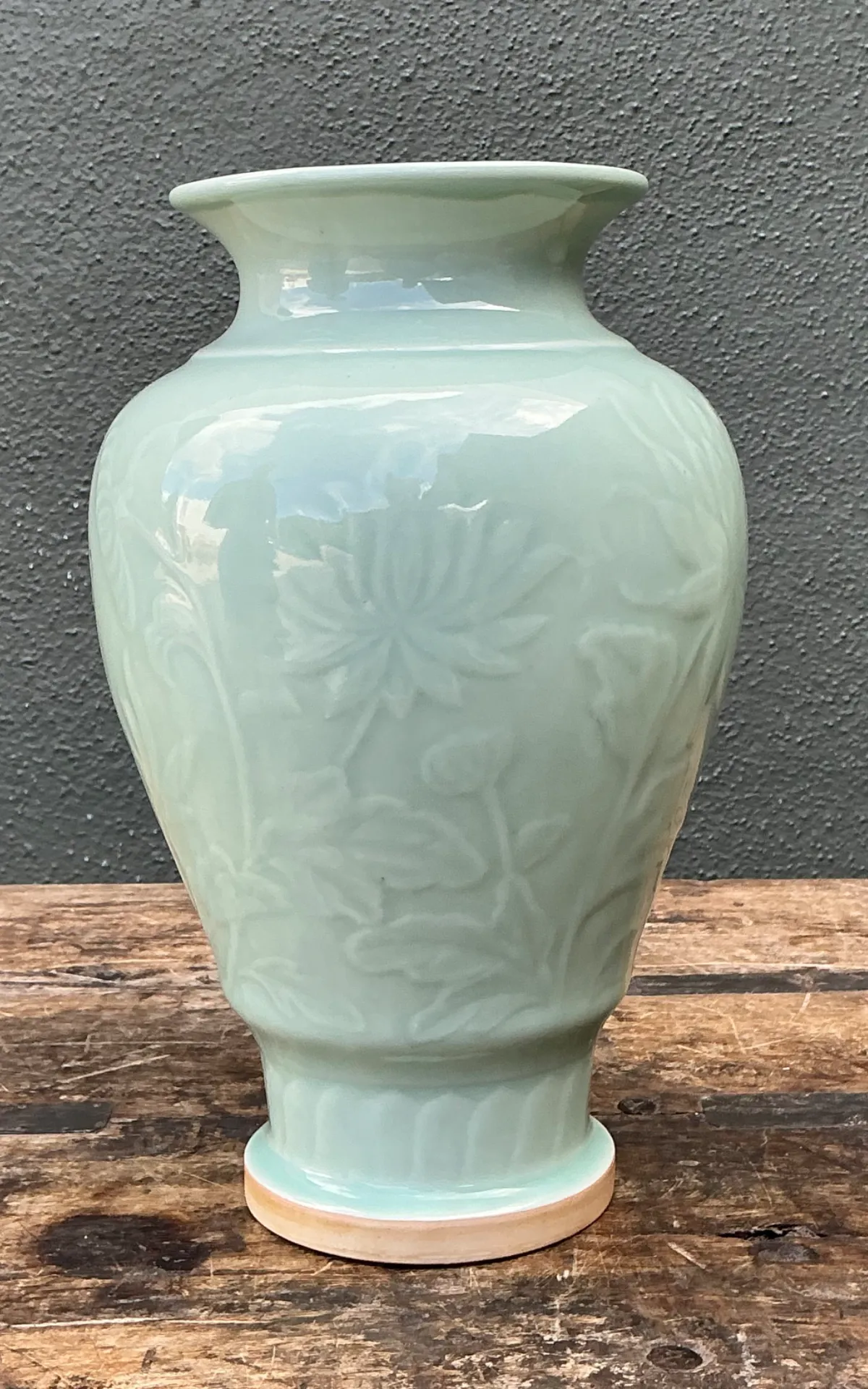 Vintage Celadon Floral Relief Ceramic Vase