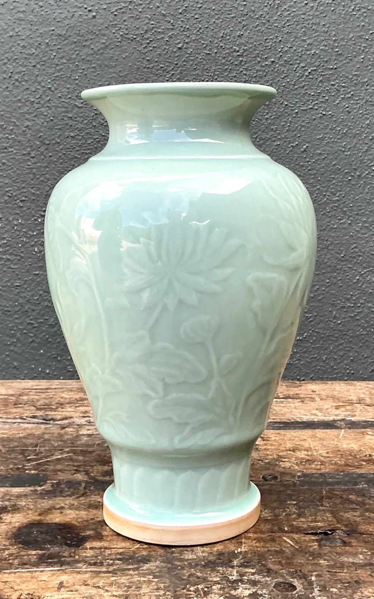 Vintage Celadon Floral Relief Ceramic Vase — additional photo 3