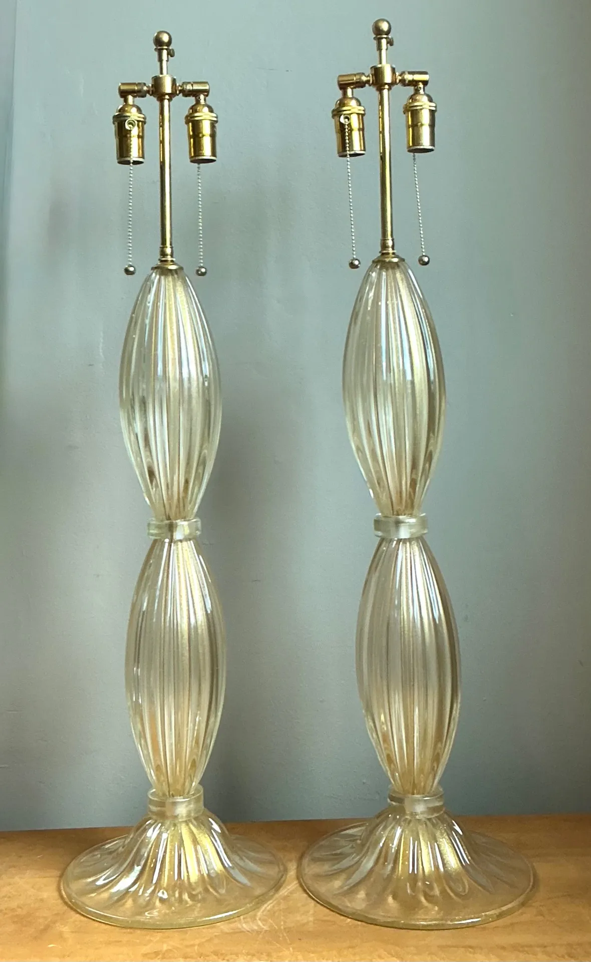 Vintage Ribbed Murano Glass Table Lamps - Pair