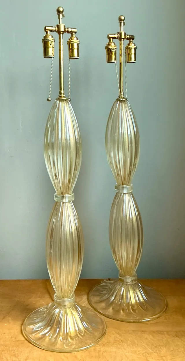 Vintage Ribbed Murano Glass Table Lamps - Pair — additional photo 5