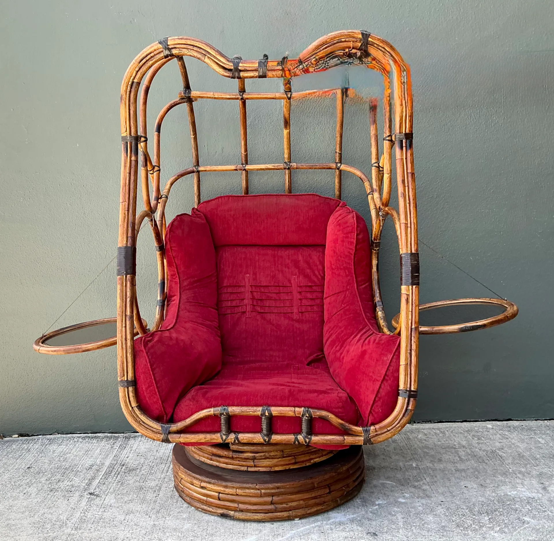 Vintage Bent Rattan Swivel Lounge Chair With Flip Down Side Tables — additional photo 6
