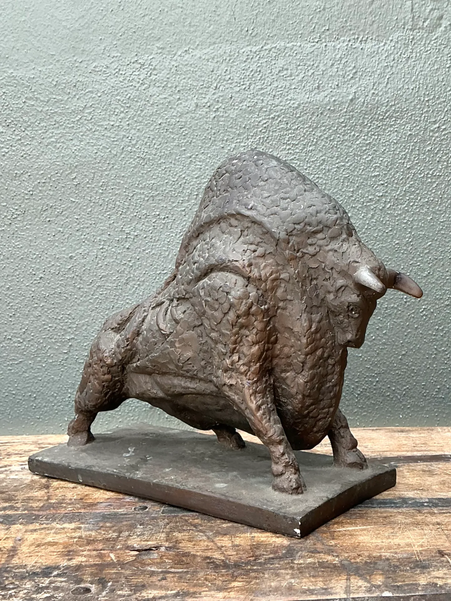 Vintage MCM Textured Plaster Bull Sculpture — additional photo 1