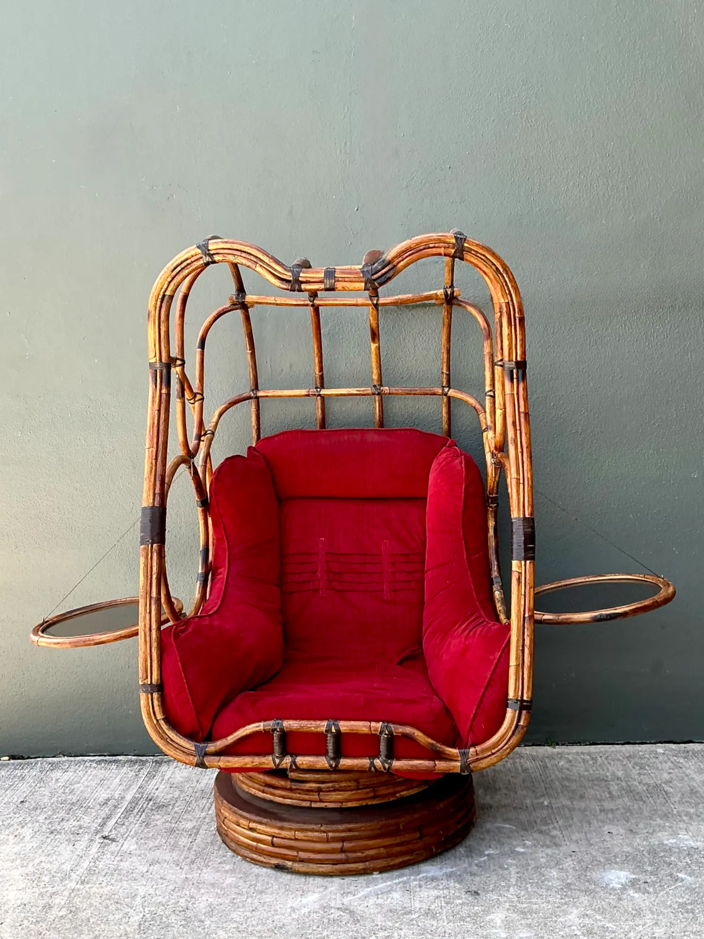 Vintage Bent Rattan Swivel Lounge Chair With Flip Down Side Tables — additional photo 1