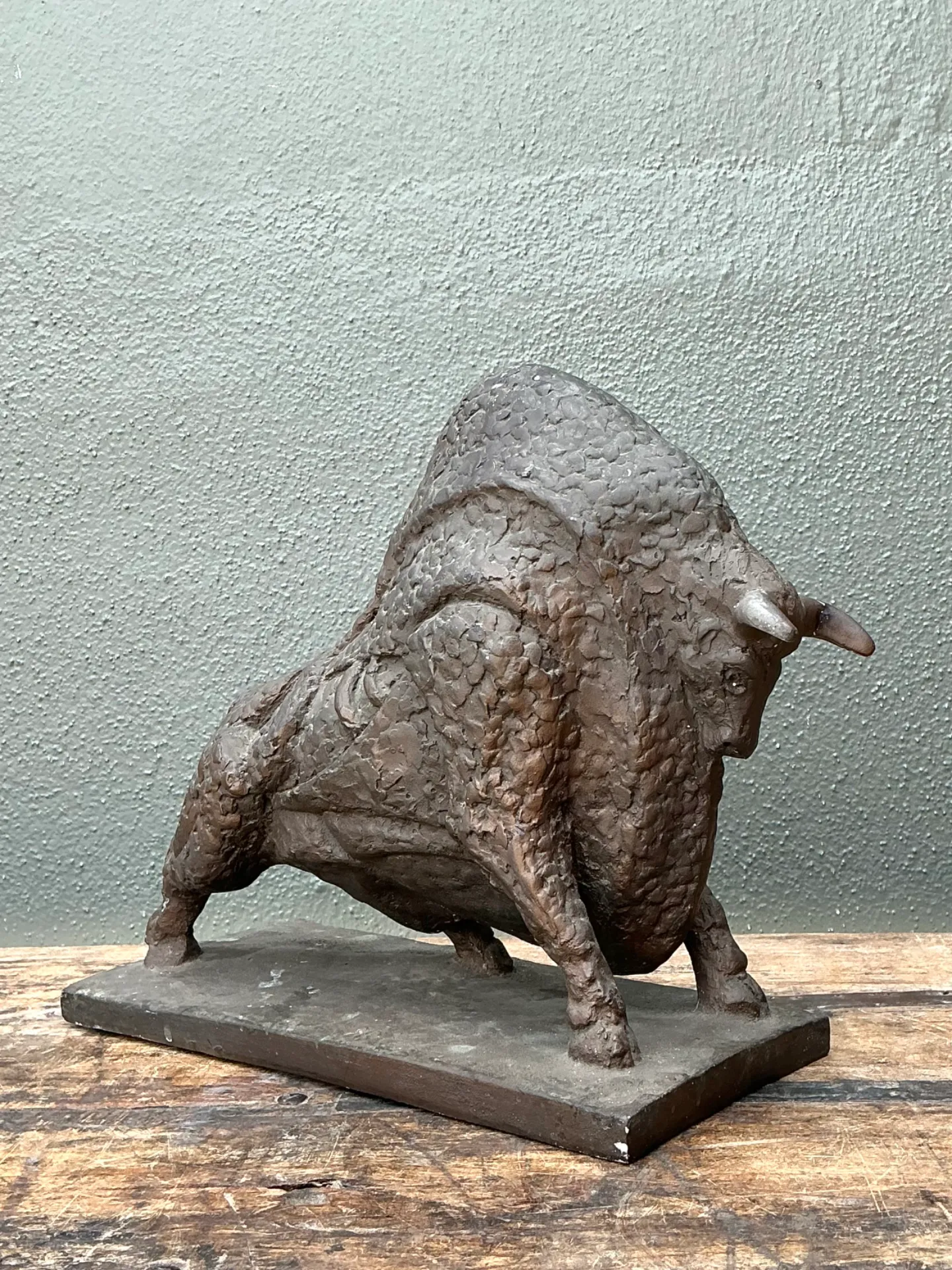 Vintage MCM Textured Plaster Bull Sculpture — additional photo 7