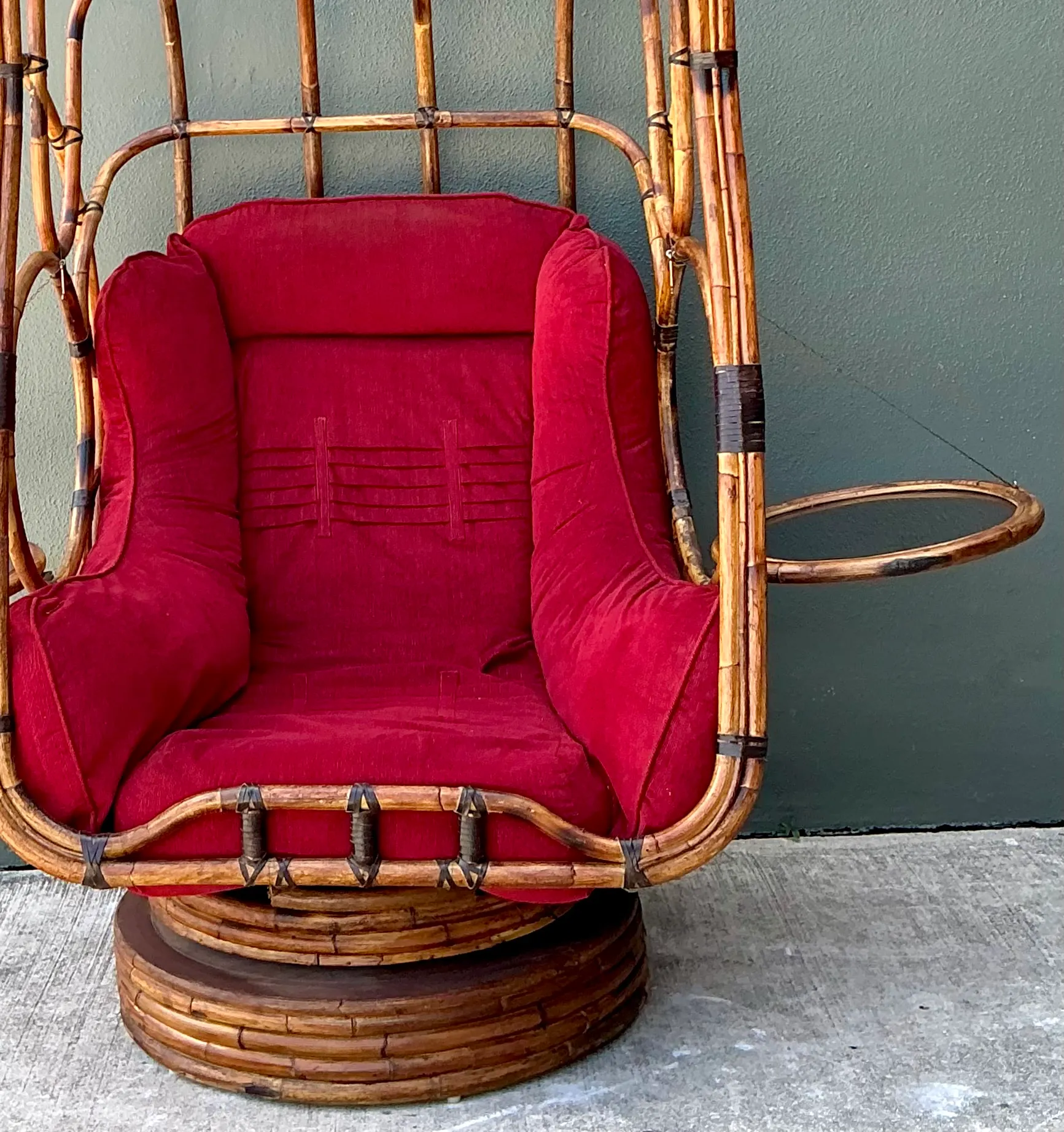Vintage Bent Rattan Swivel Lounge Chair With Flip Down Side Tables — additional photo 3
