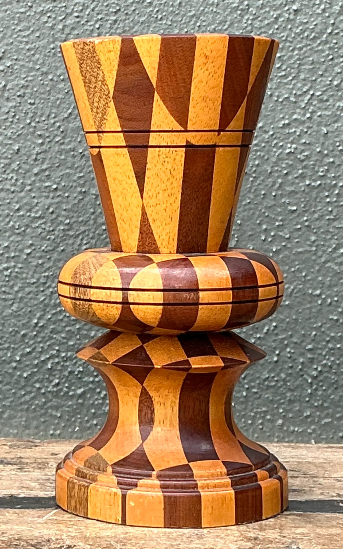 Vintage Geometric Wood Marquetry Vase