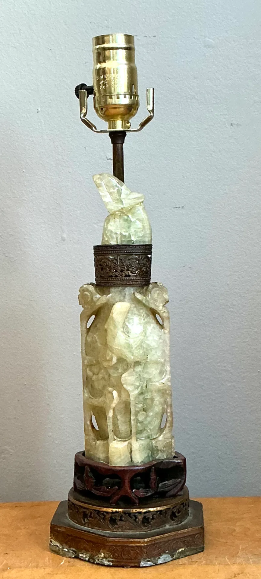 Vintage Jadite Carved Lamp with Brass — additional photo 2
