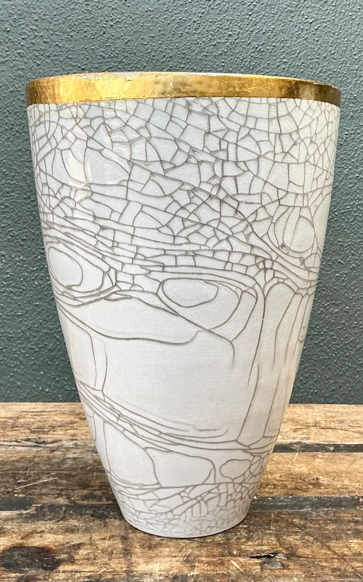 Vintage Italian Gold Rimmed Crackle Ceramic Vase — additional photo 8