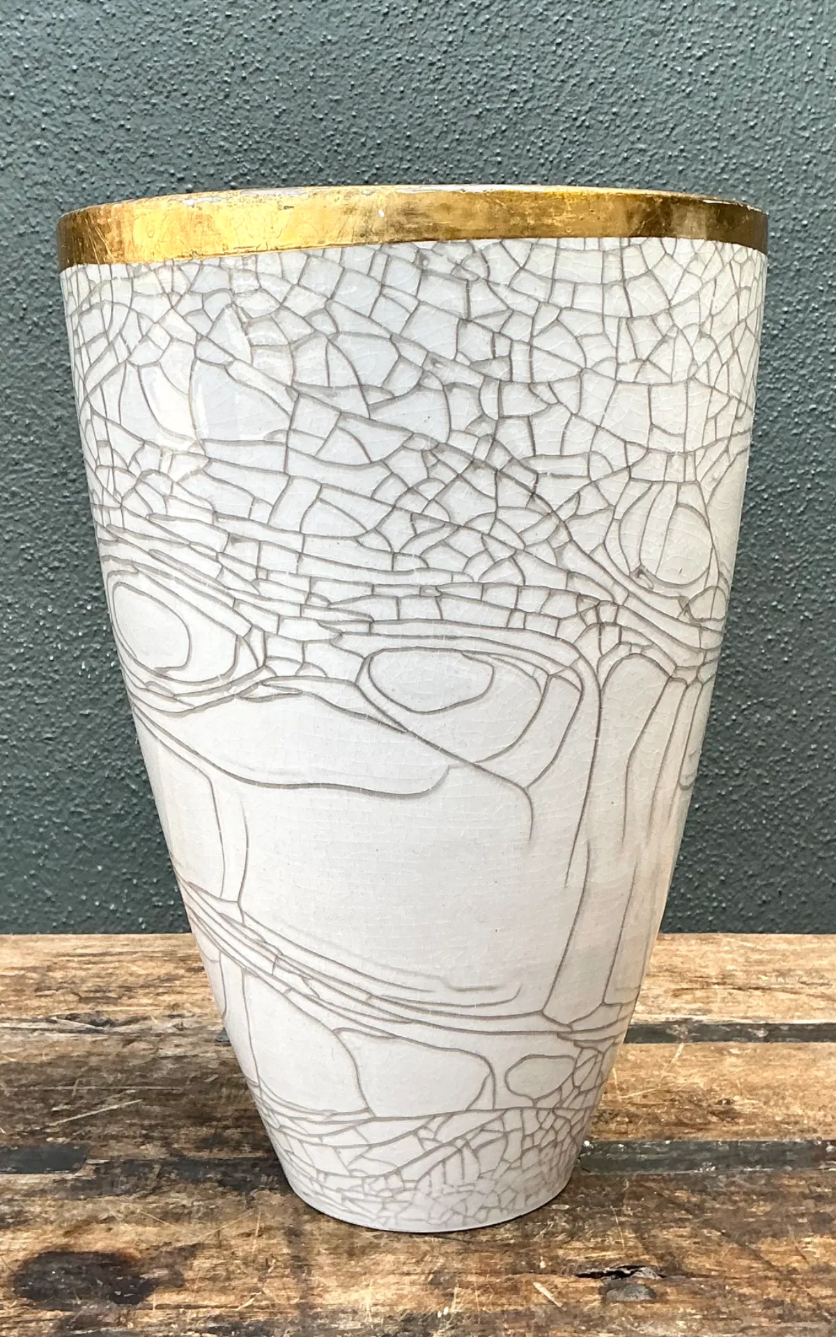 Vintage Italian Gold Rimmed Crackle Ceramic Vase — additional photo 6