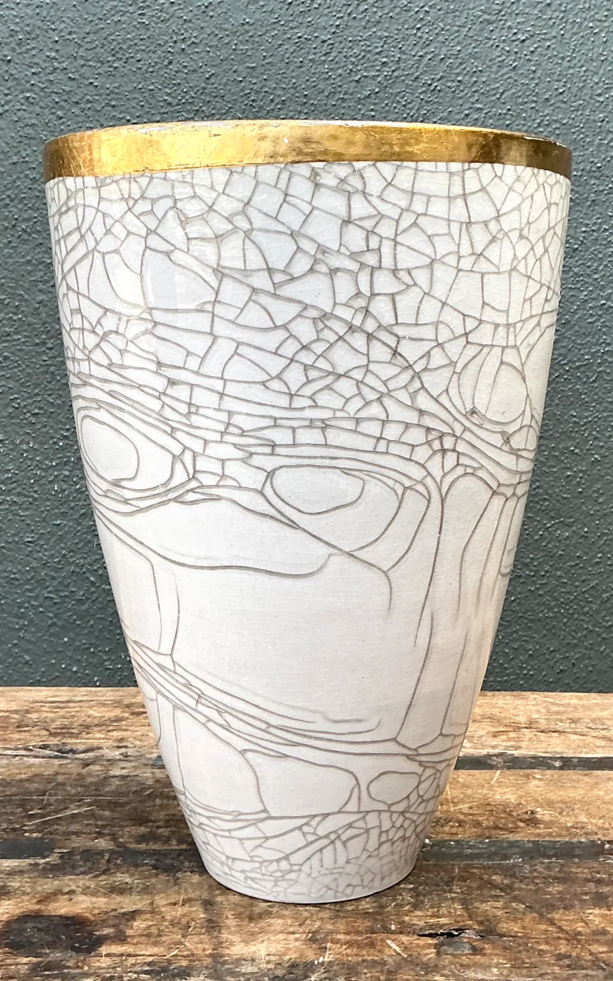 Vintage Italian Gold Rimmed Crackle Ceramic Vase — additional photo 2