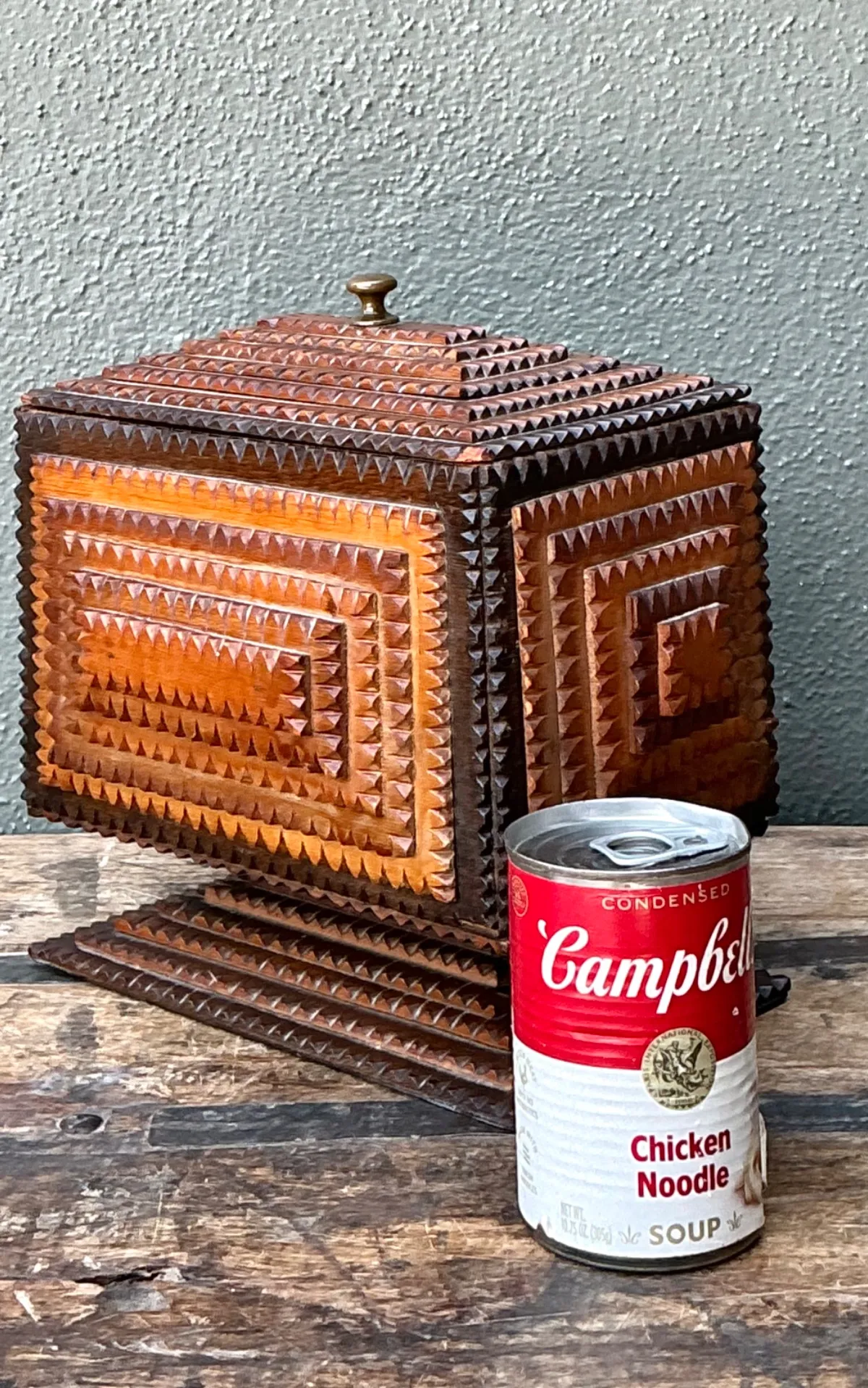 Vintage Tramp Art Wood Box On Pedestal