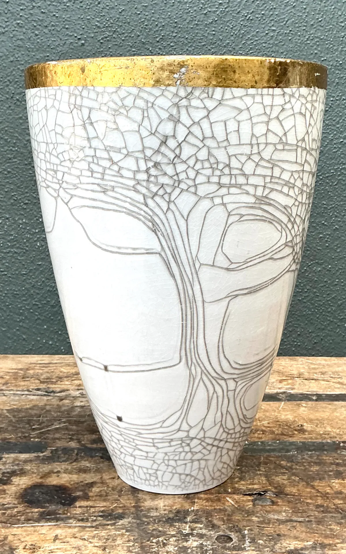 Vintage Italian Gold Rimmed Crackle Ceramic Vase — additional photo 7
